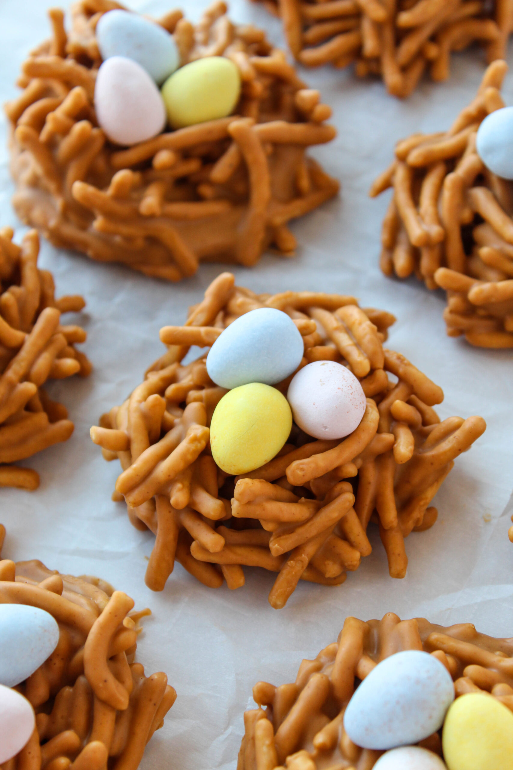 Butterscotch peanut butter bird nest cookies with chocolate eggs.