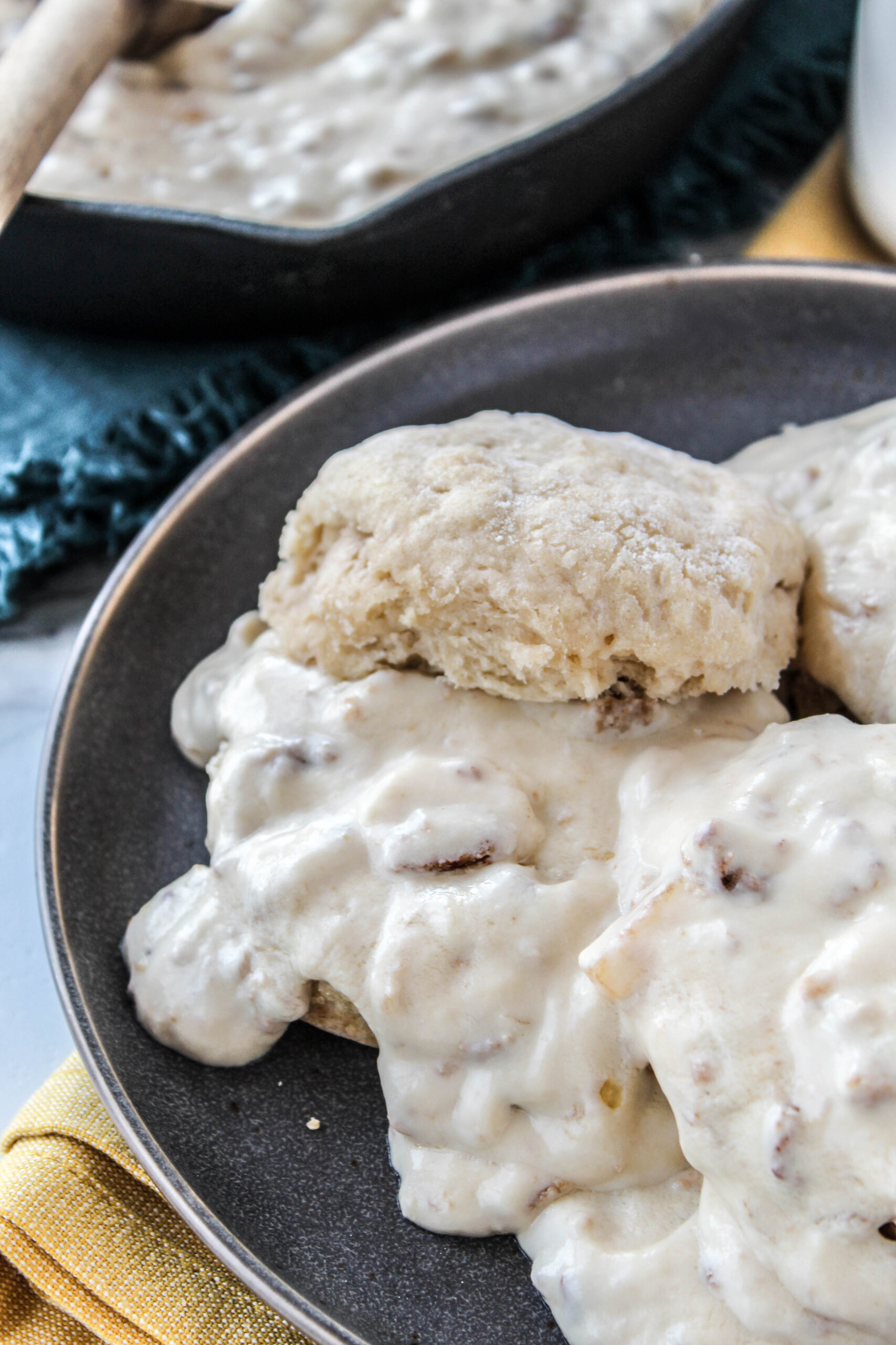 Creamy meat‑free gravy poured over golden biscuits