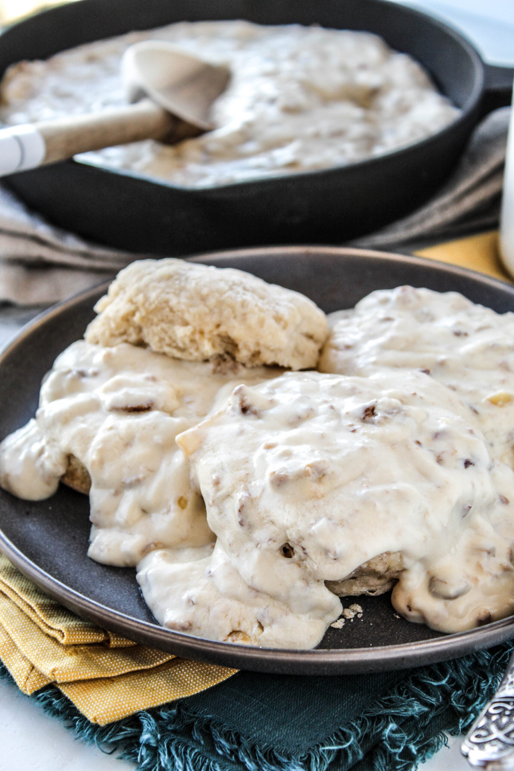 Homemade vegetarian biscuits and gravy served warm