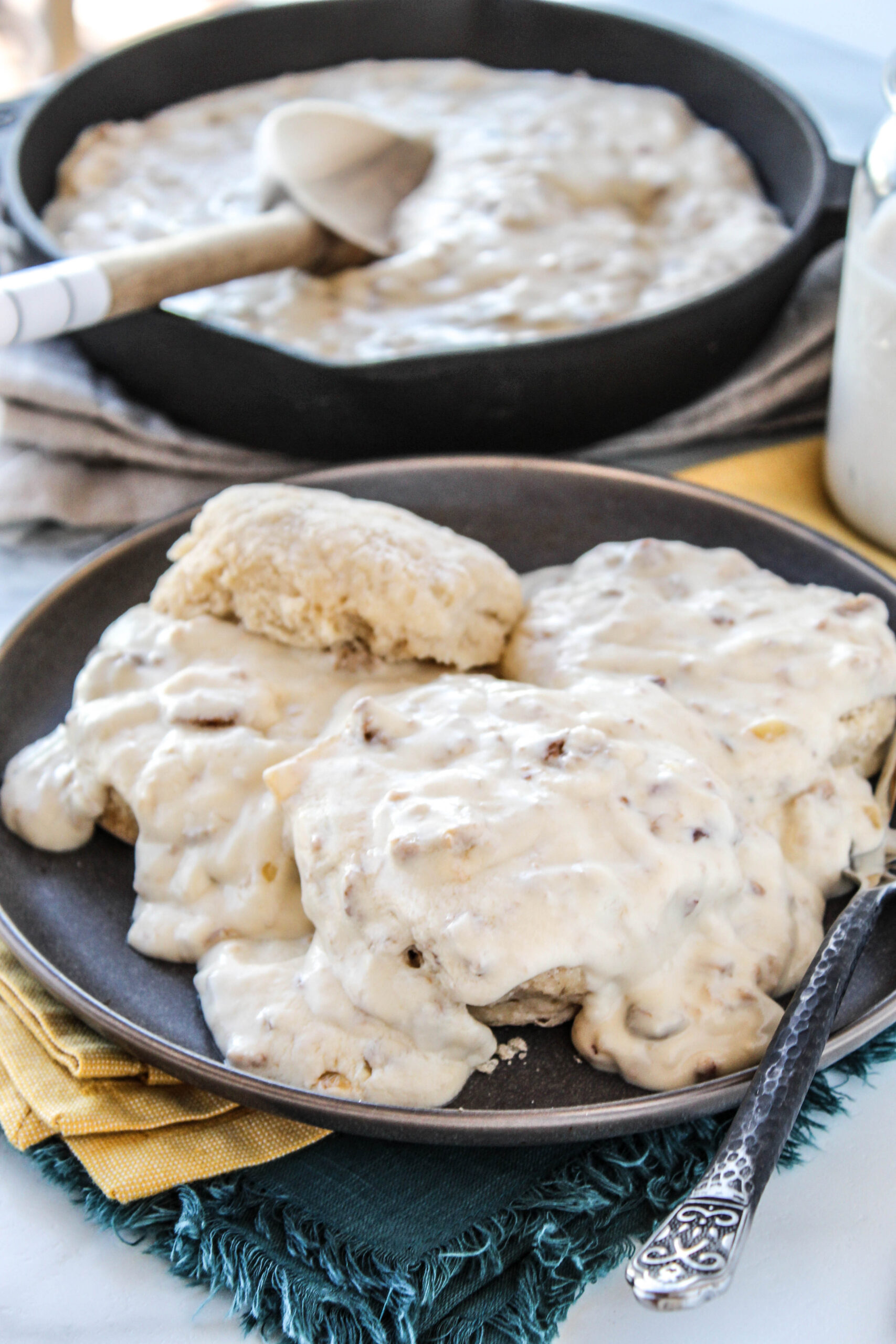 Close‑up of vegetarian biscuits and gravy