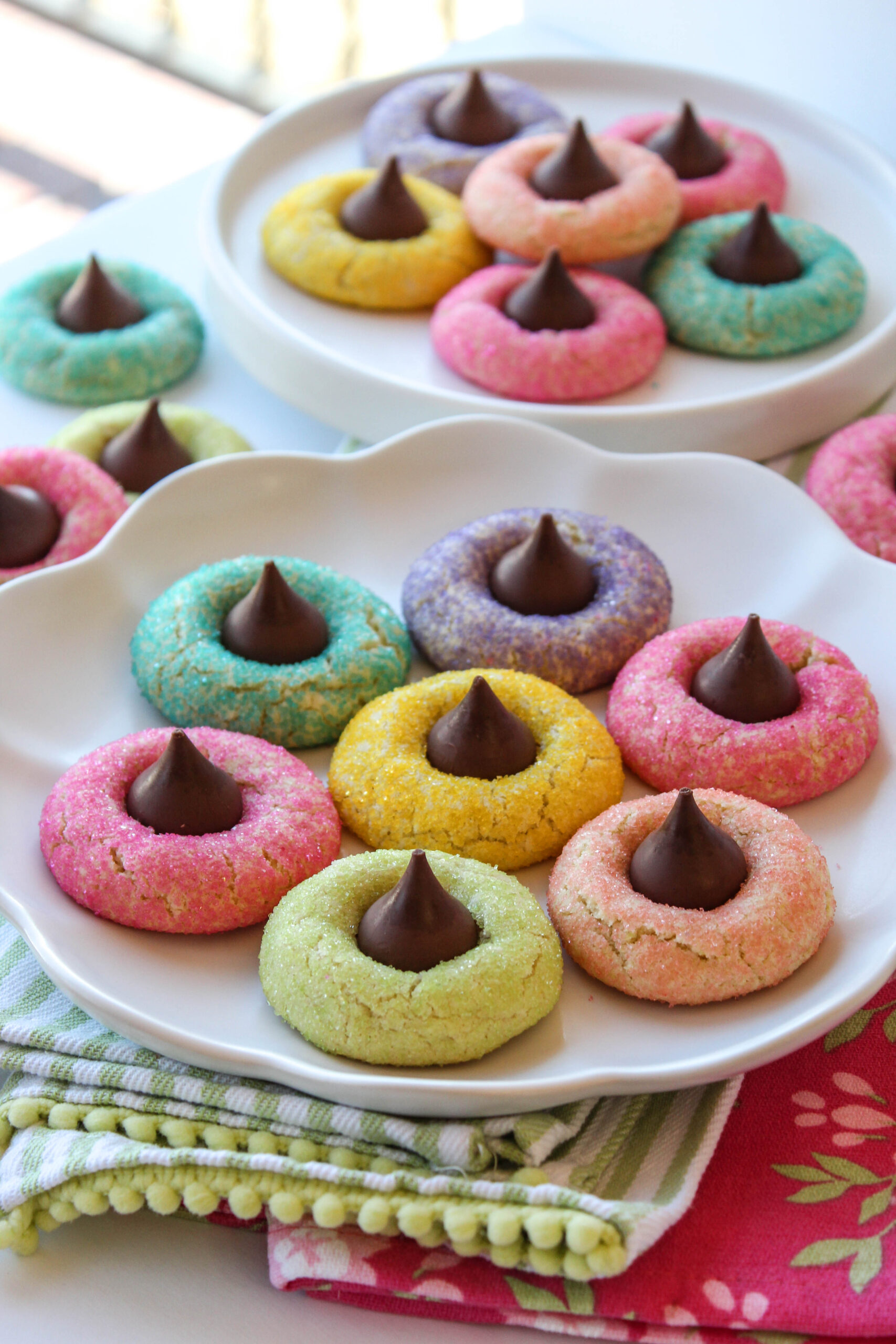 Spring blossom cookies topped with colorful chocolate candies