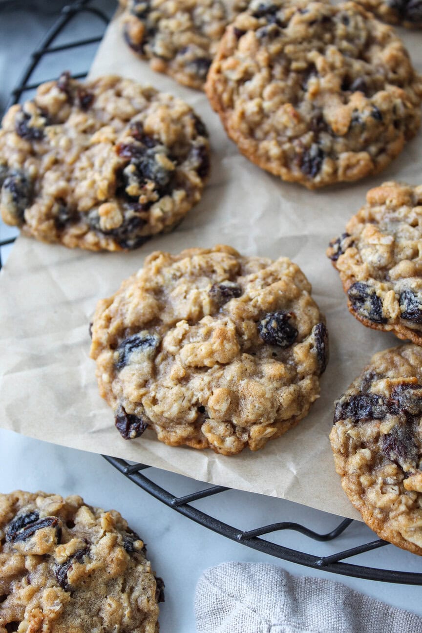 Oatmeal raisin cookie with visible oats and plump raisins