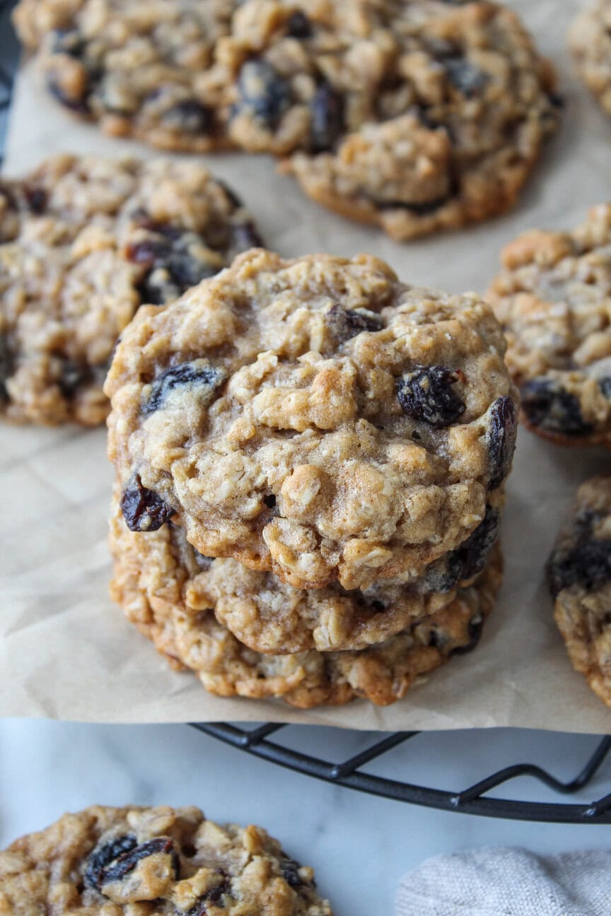 Stack of homemade oatmeal raisin cookies