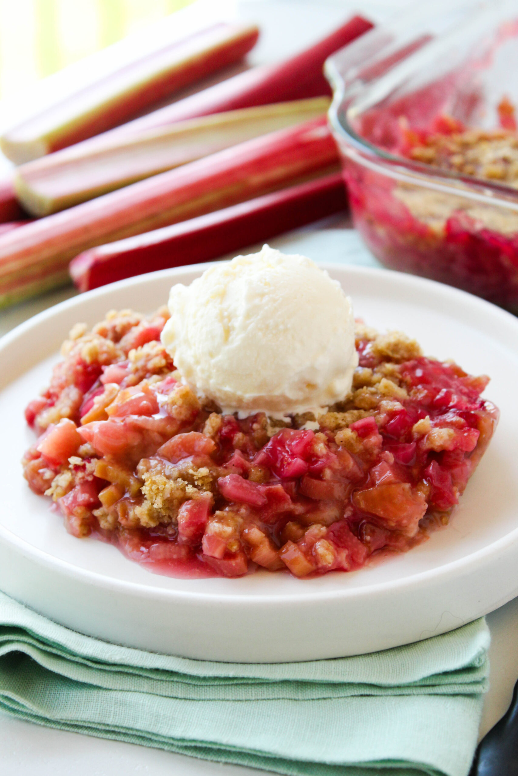 Rhubarb crisp with a golden oat topping baked until bubbly and crisp