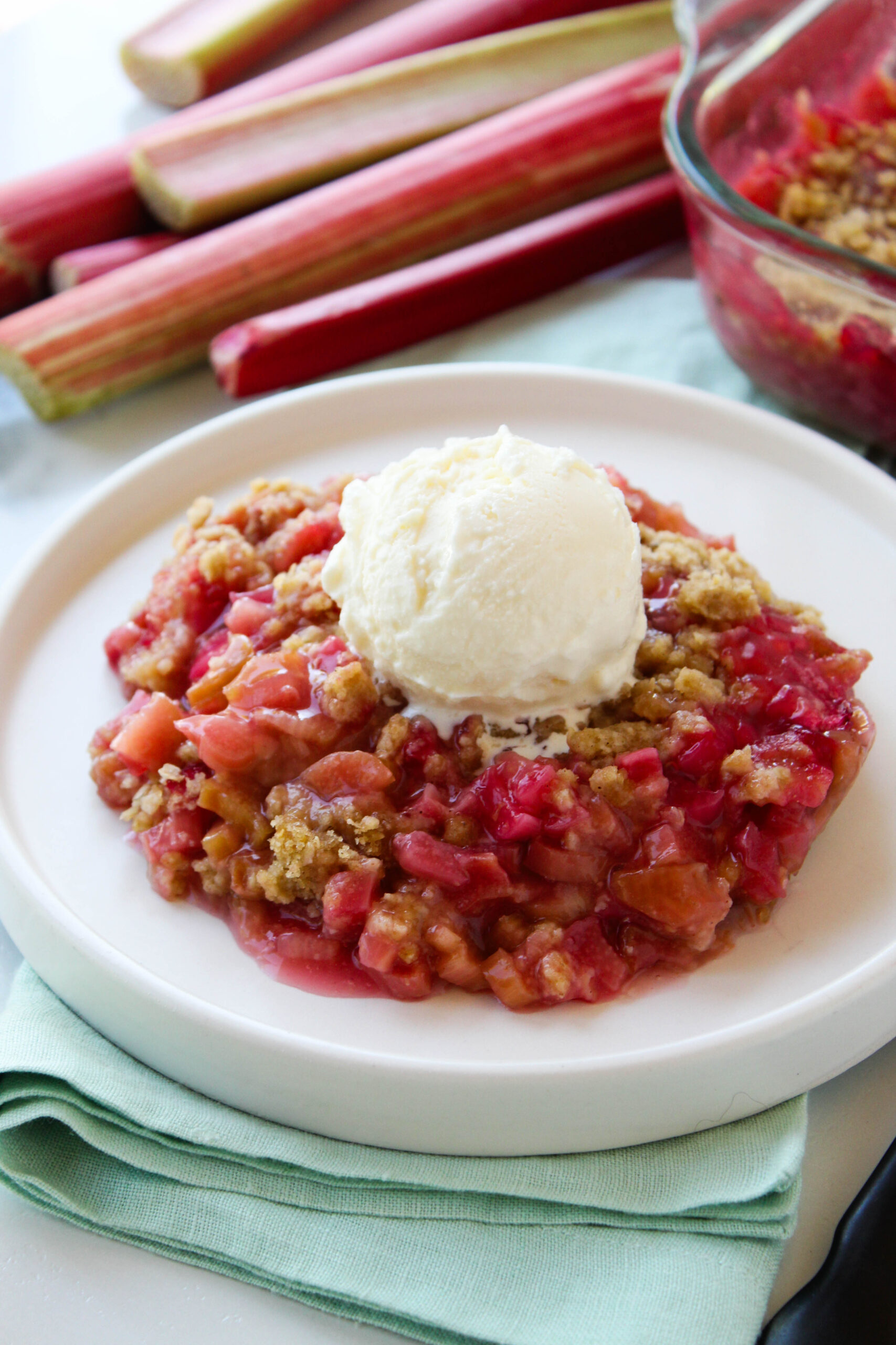 Homemade rhubarb crisp with a buttery oat topping, served warm