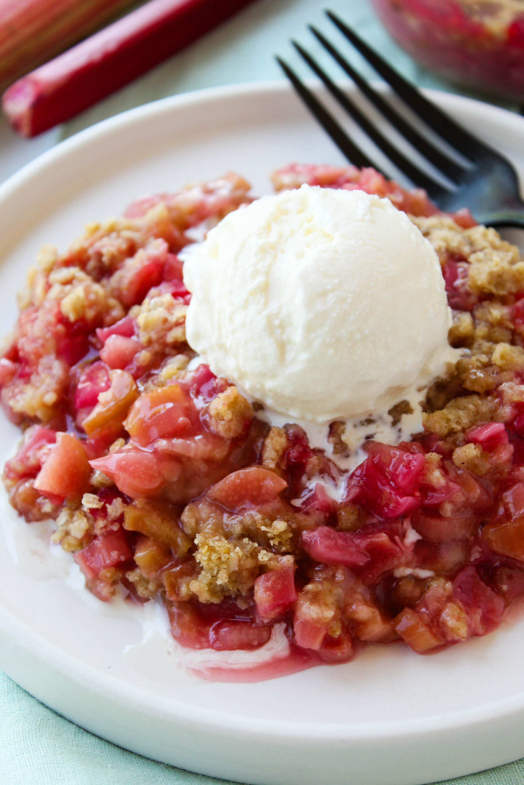 Warm rhubarb crisp topped with vanilla ice cream and a golden oat topping