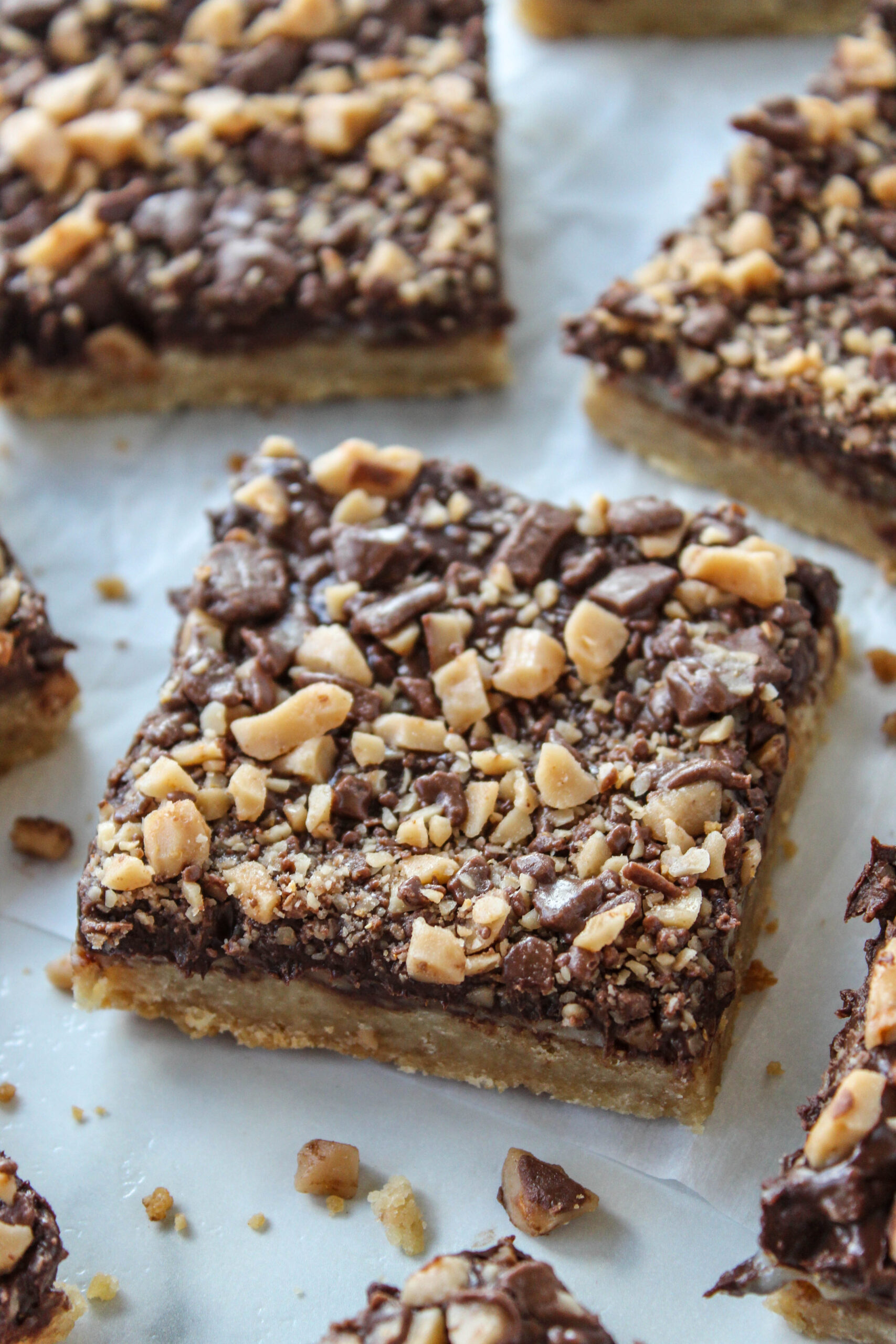 Chocolate-covered toffee bars with crunchy toppings