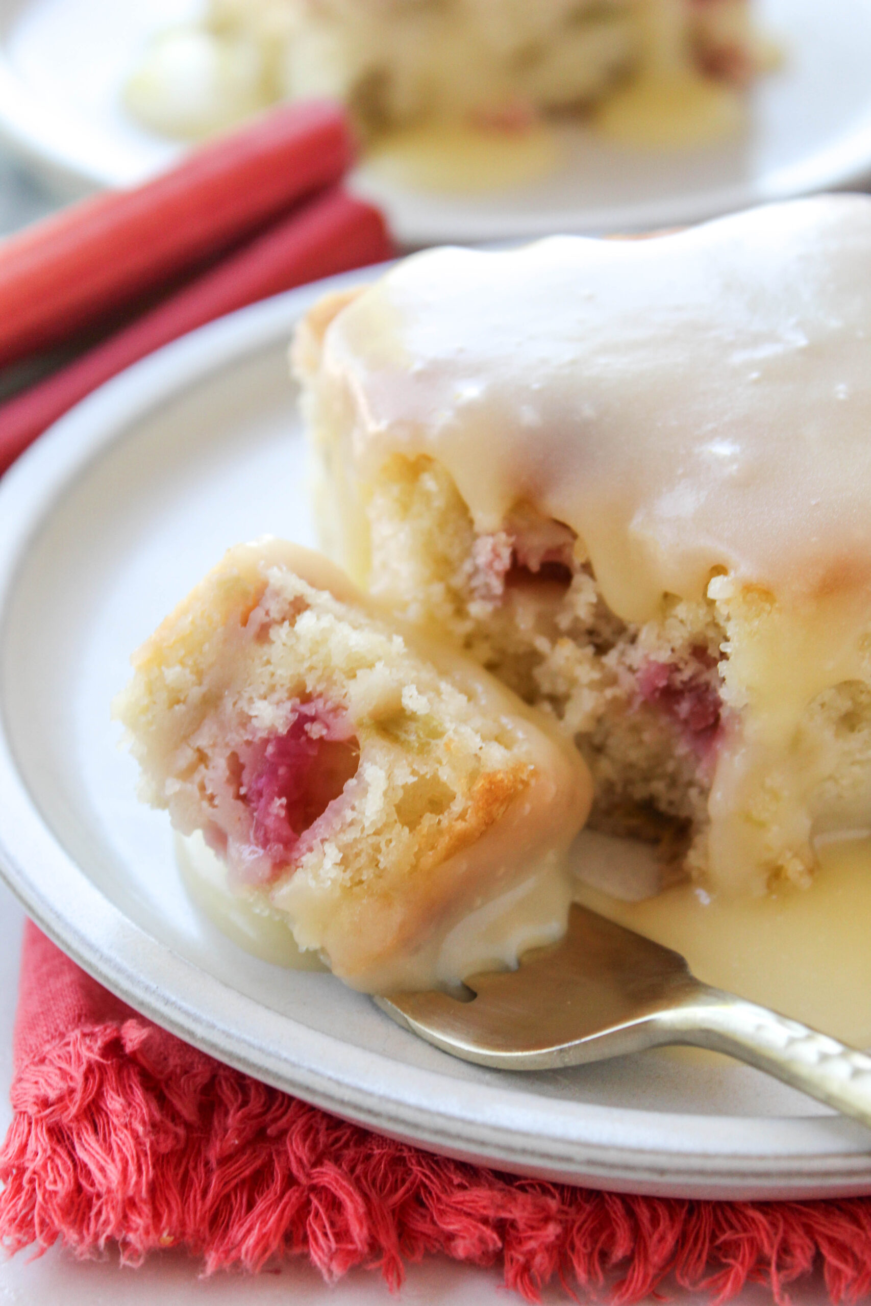 Rhubarb cake with butter sauce served warm