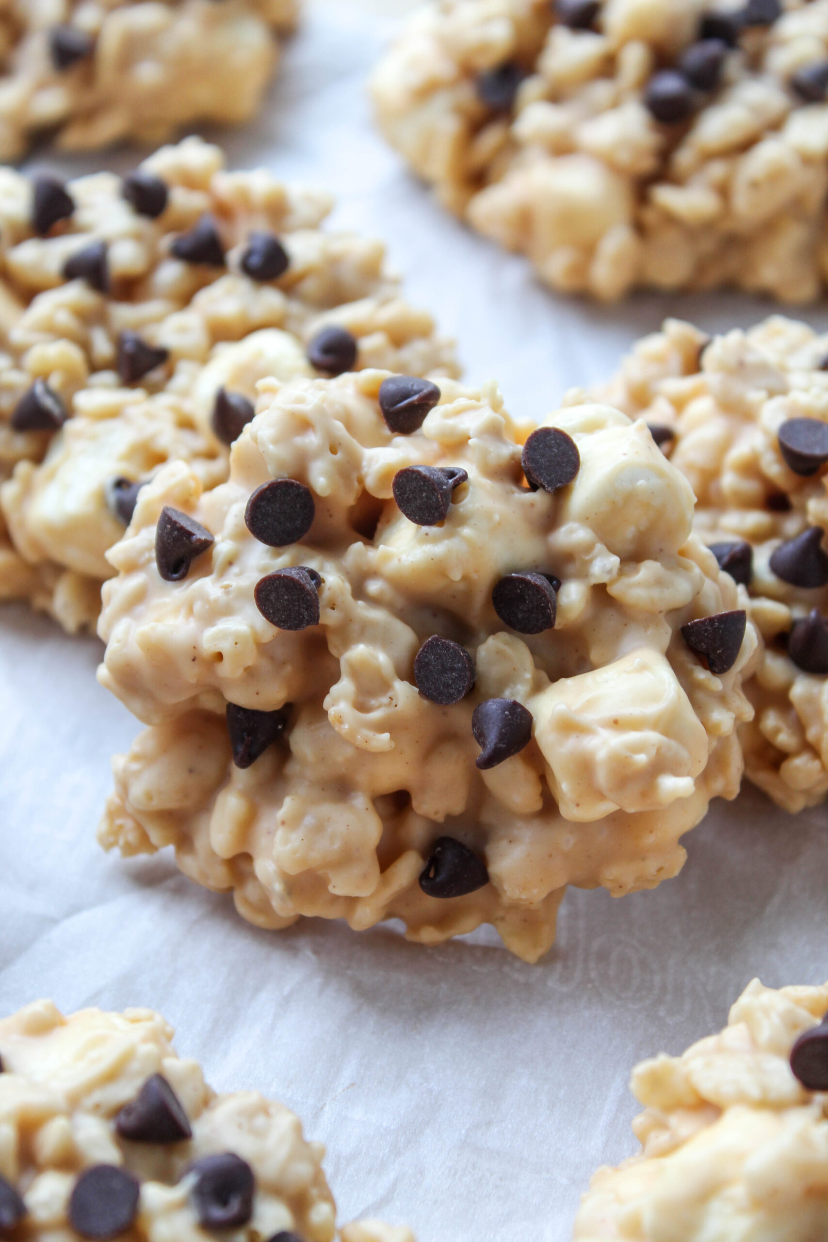 Close-up of chewy avalanche cookies filled with marshmallows and mini chocolate chips
