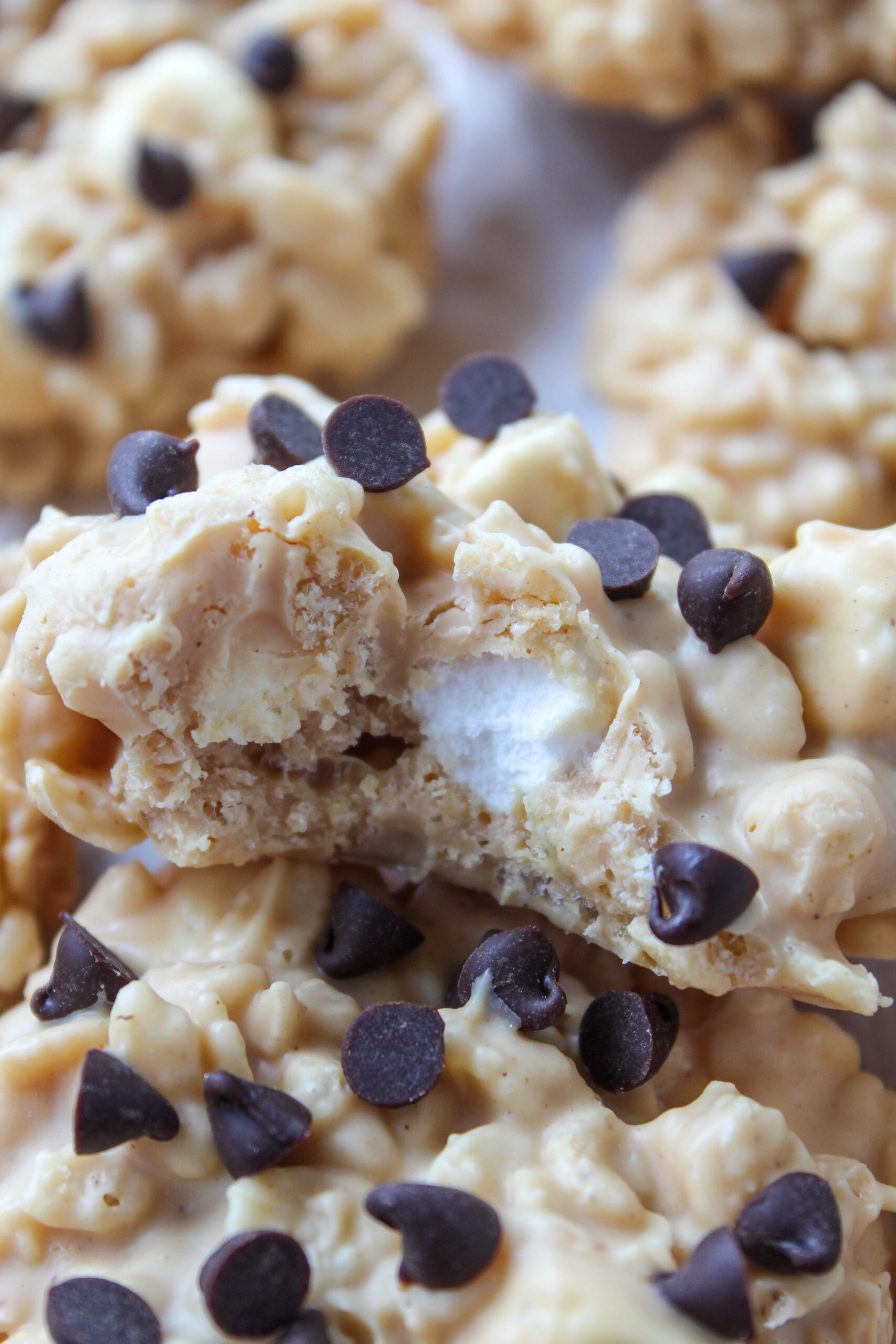 No bake avalanche cookies made with white chocolate, peanut butter, marshmallows, and crispy rice cereal