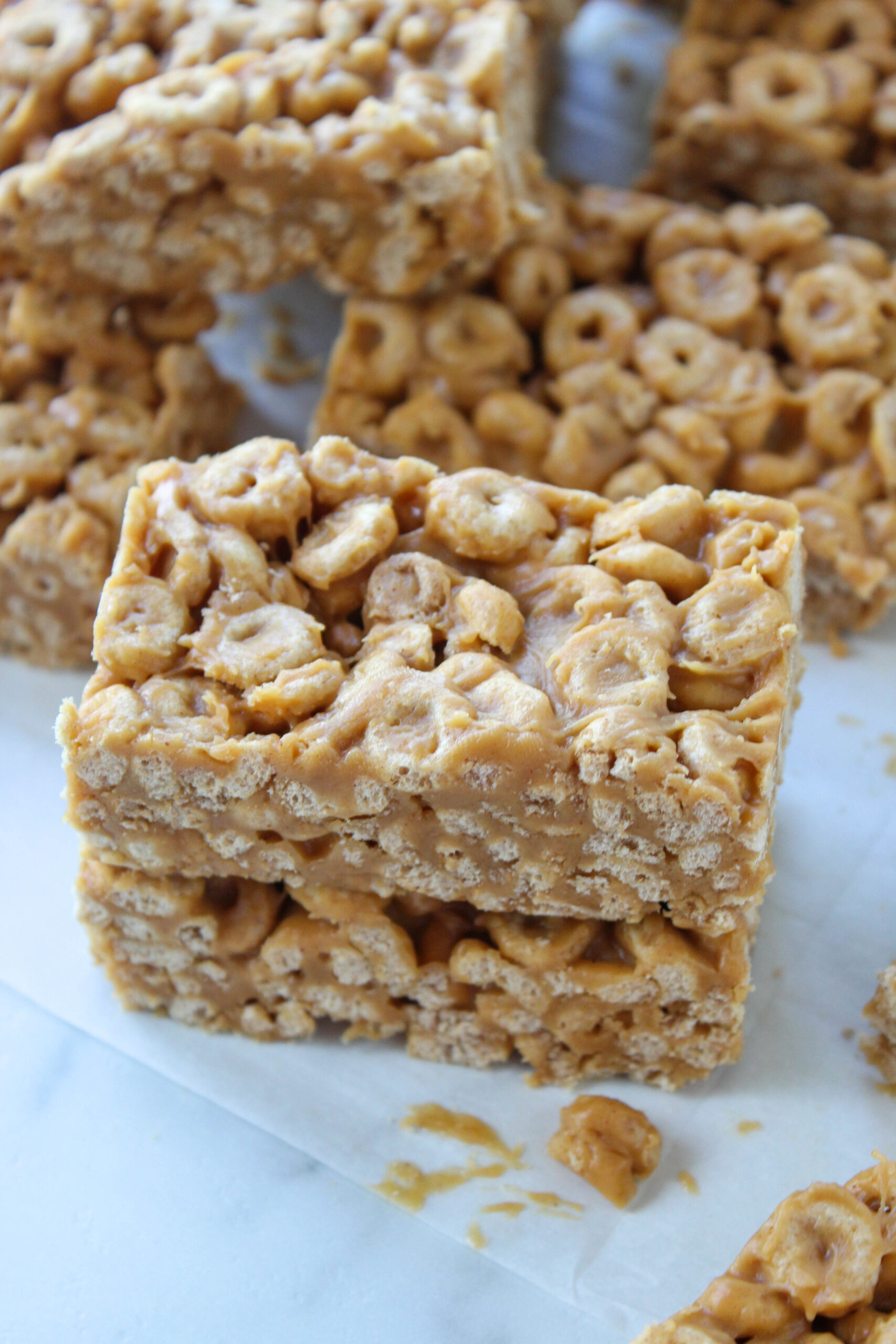 Chewy peanut butter Cheerio bars ready to serve