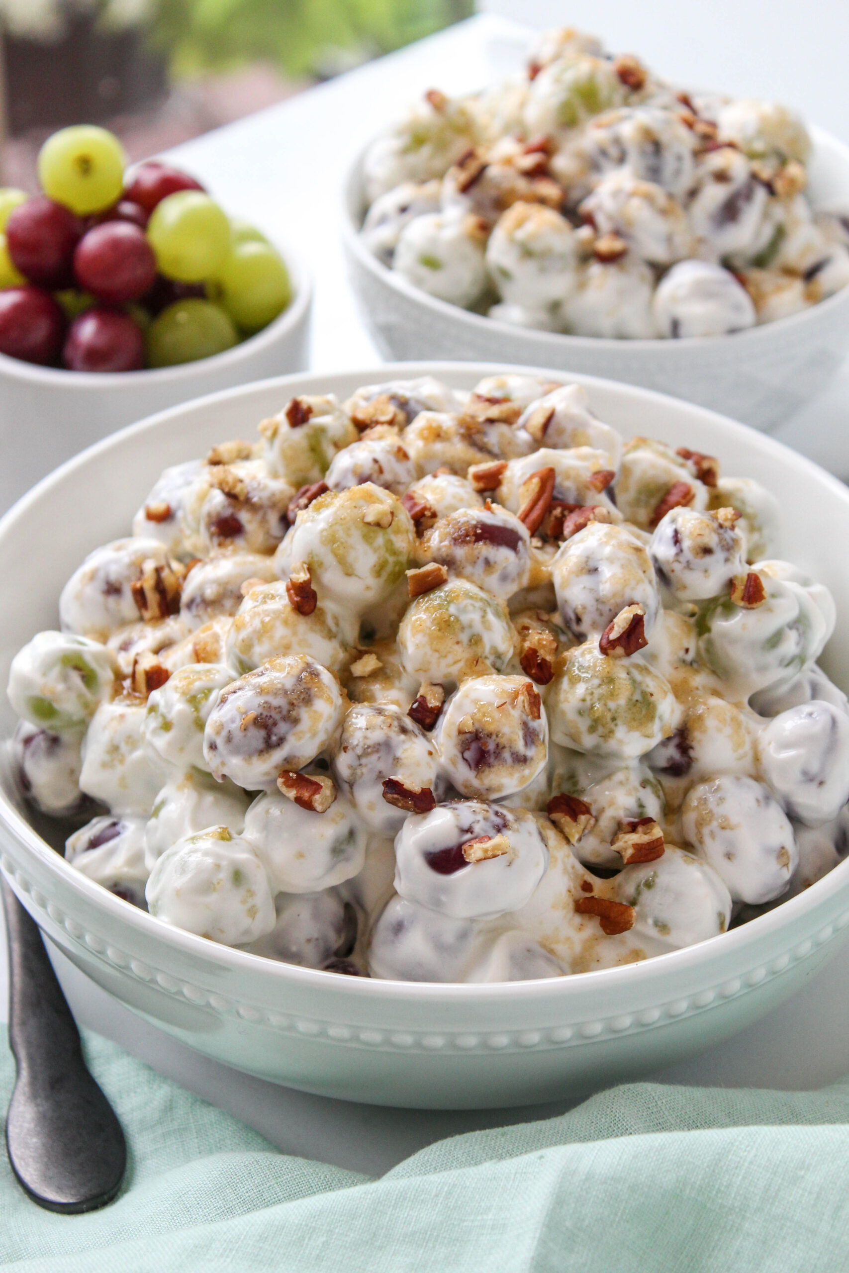 Grape salad served in a bowl for a potluck or picnic