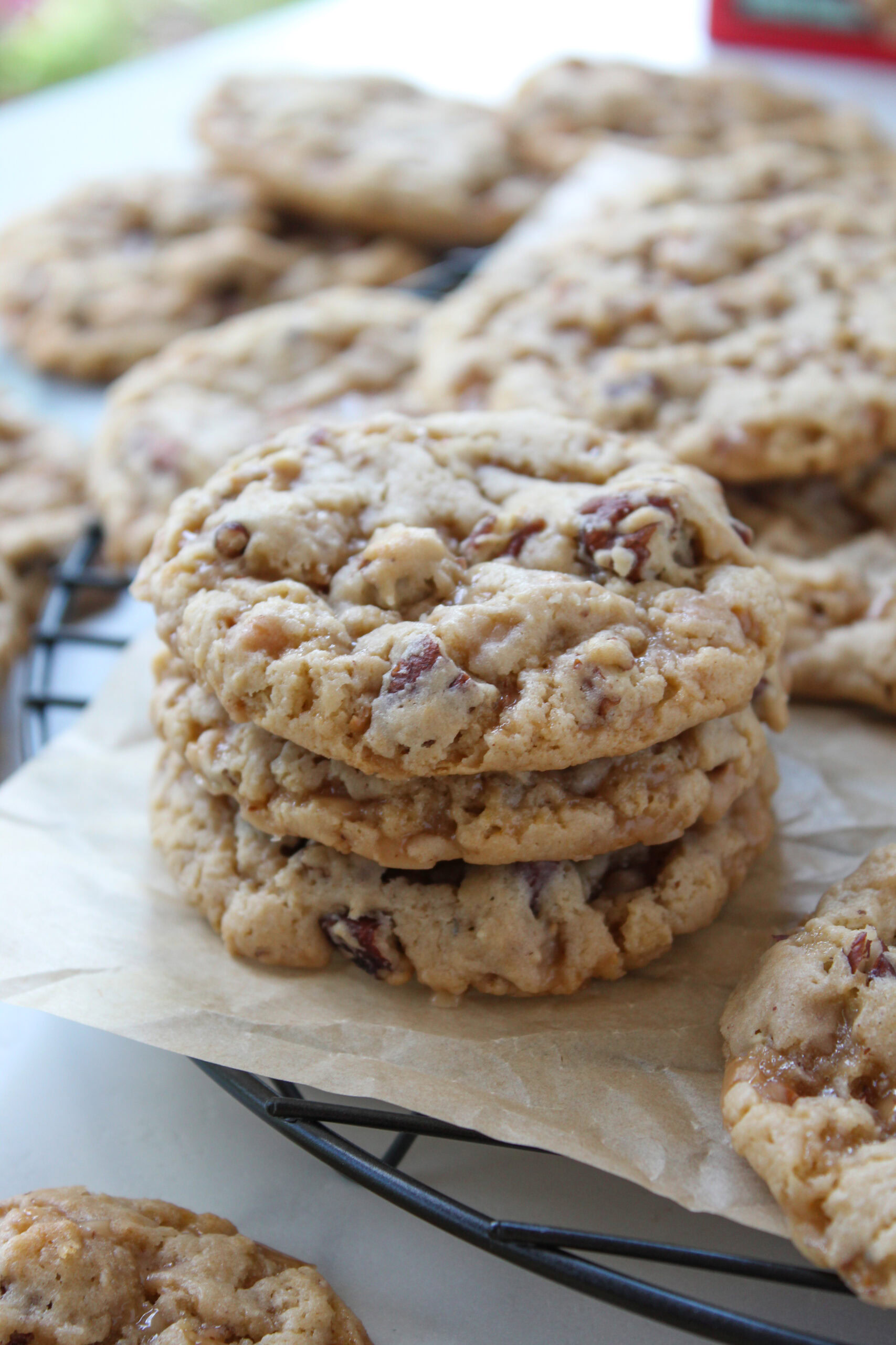 Thick cake mix cookies filled with sweet toffee chunks and chopped pecans