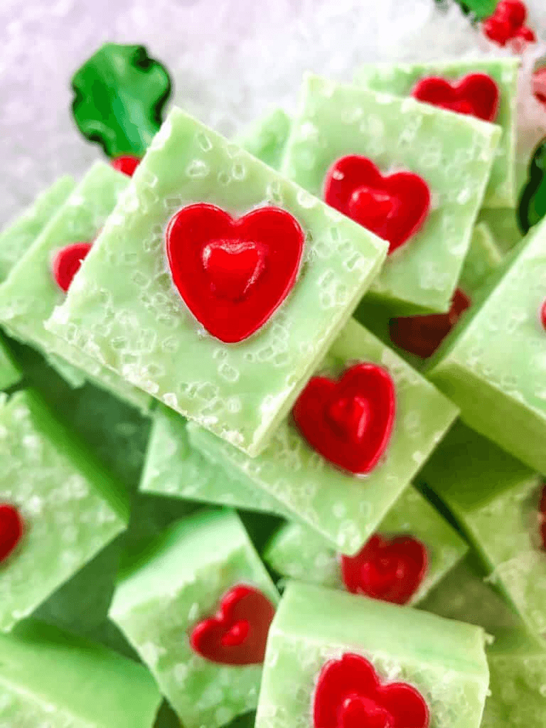 Festive Grinch candy displayed on a dessert tray