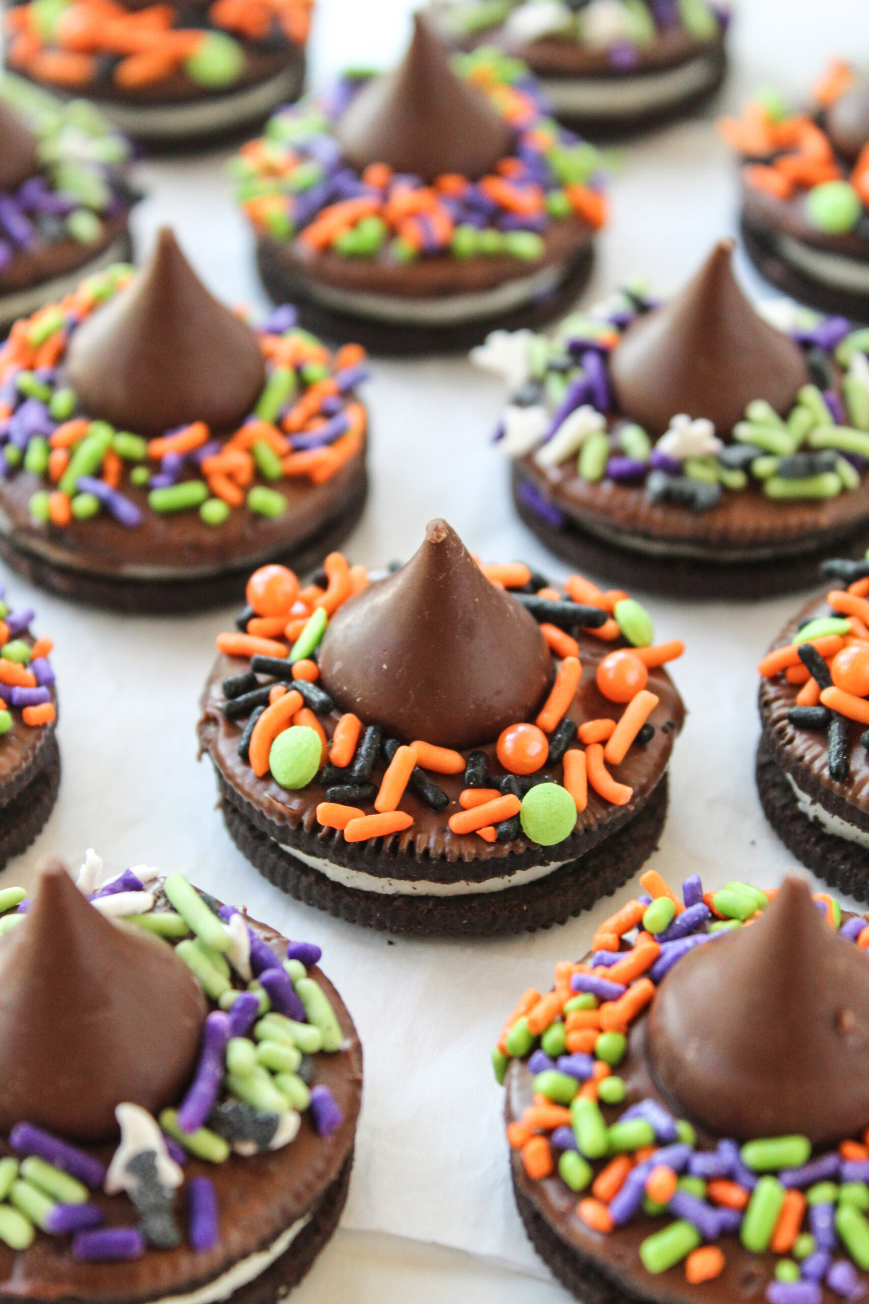 Kid-friendly Halloween Oreo cookies shaped like miniature witch hats