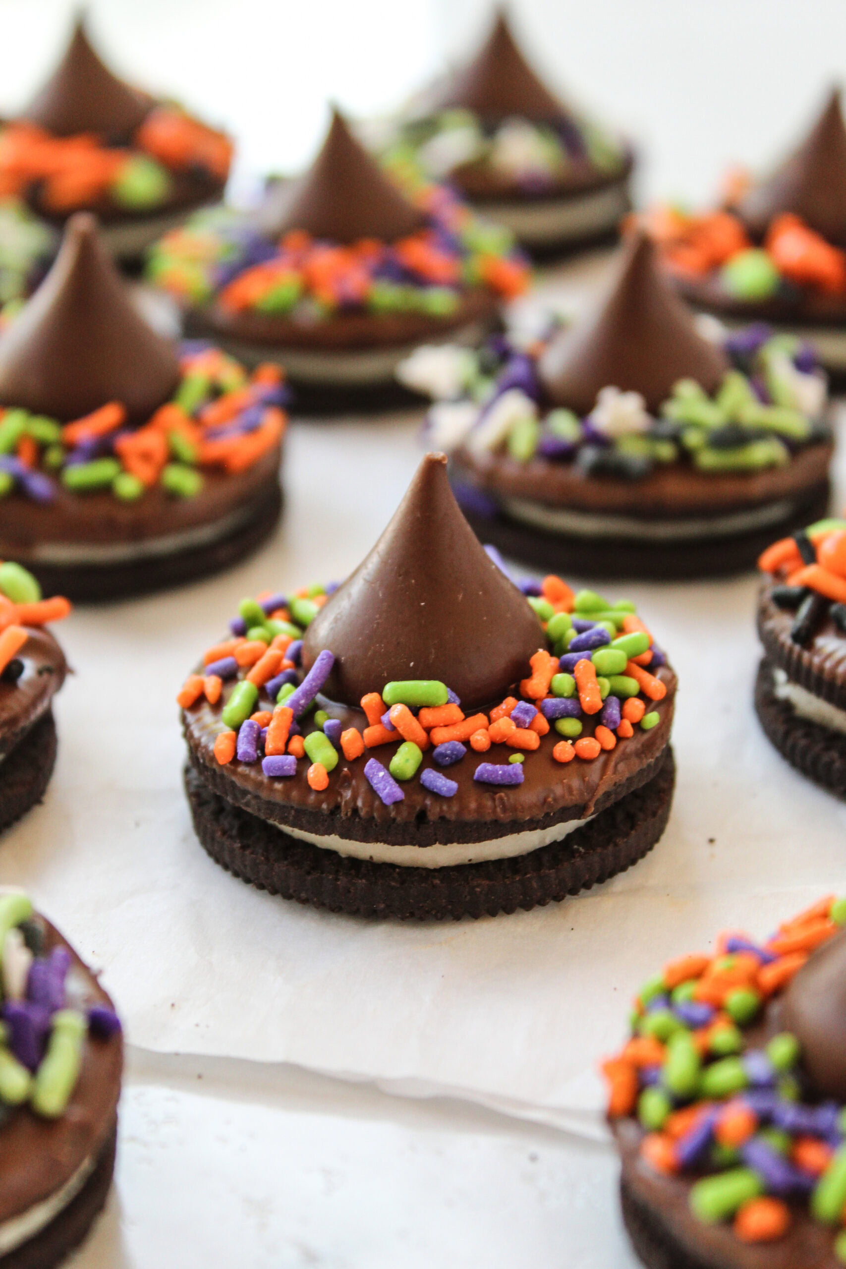 Homemade Oreo witch hat cookies perfect for Halloween parties and celebrations