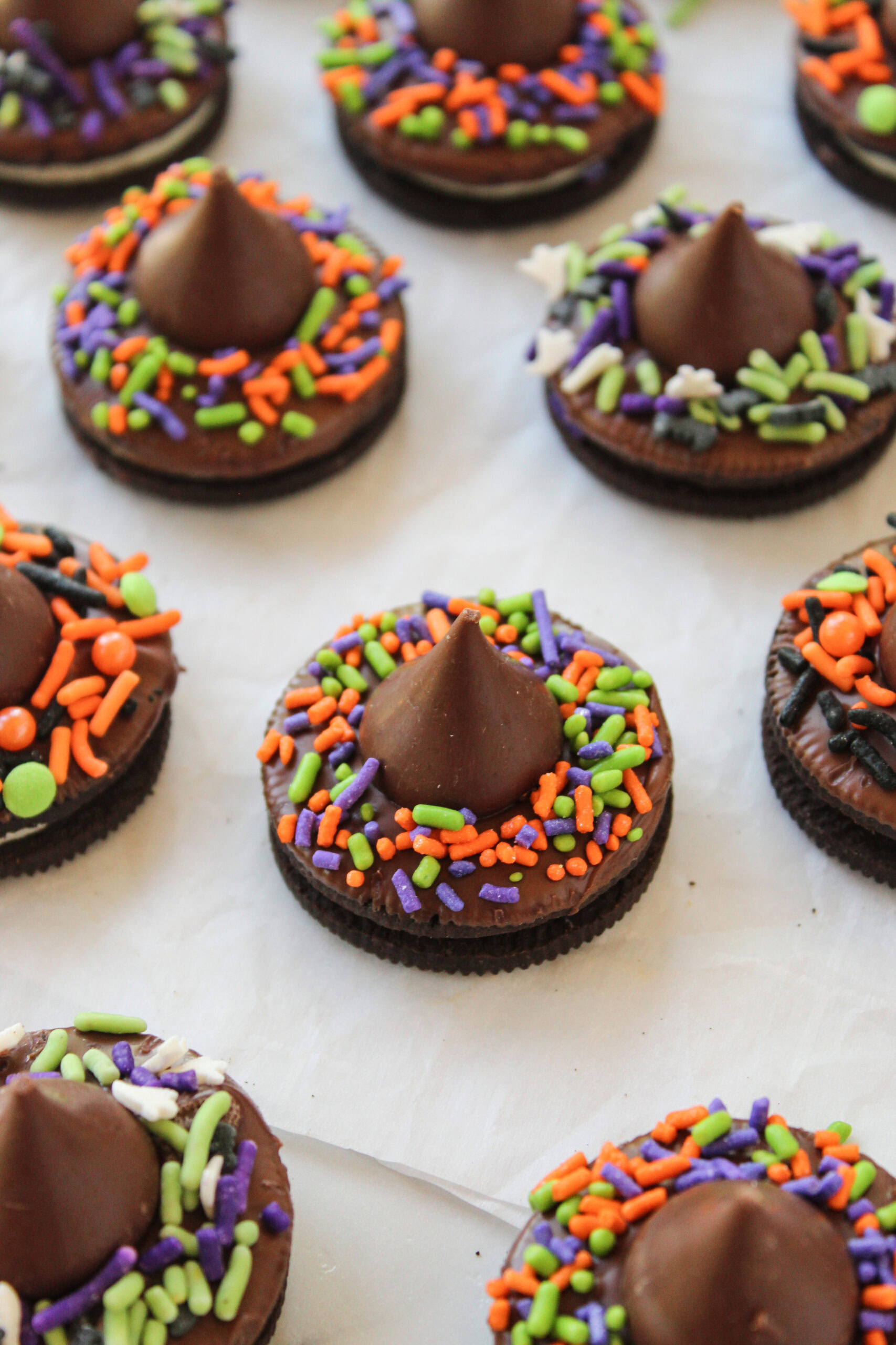 No-bake Oreo witch hat treats made with chocolate sandwich cookies and candy kisses