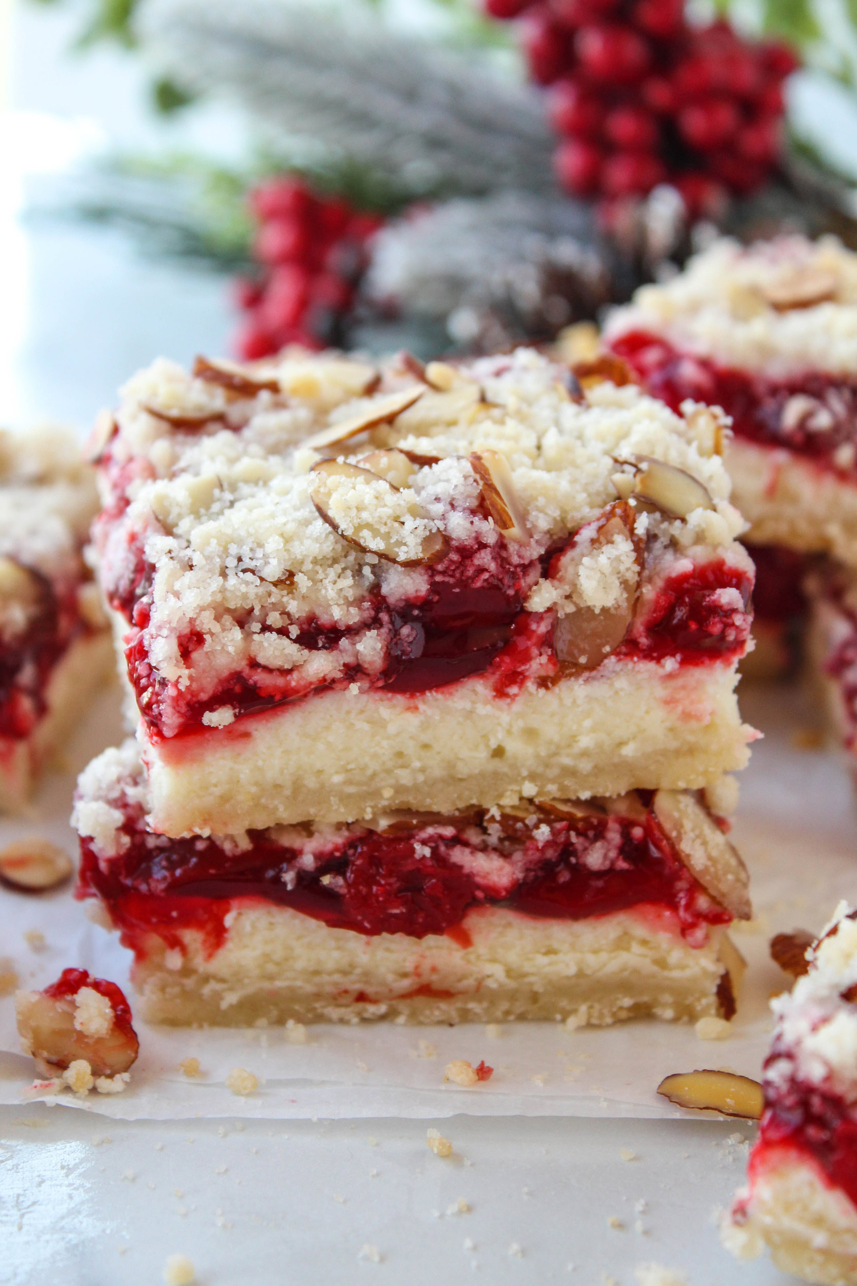 Creamy cheesecake bars decorated for the holidays.