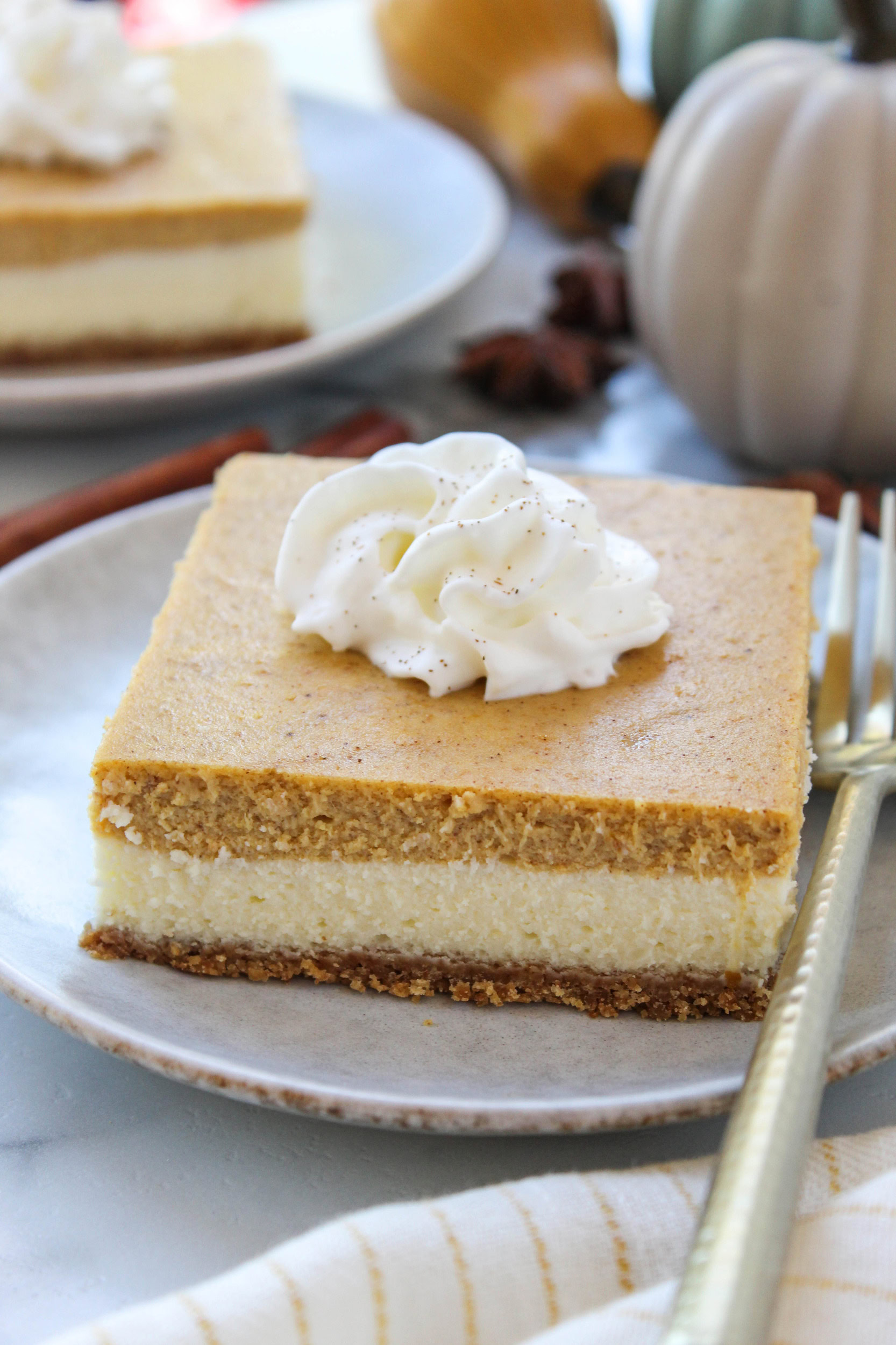 Creamy pumpkin cheesecake bars perfect for Thanksgiving and fall gatherings