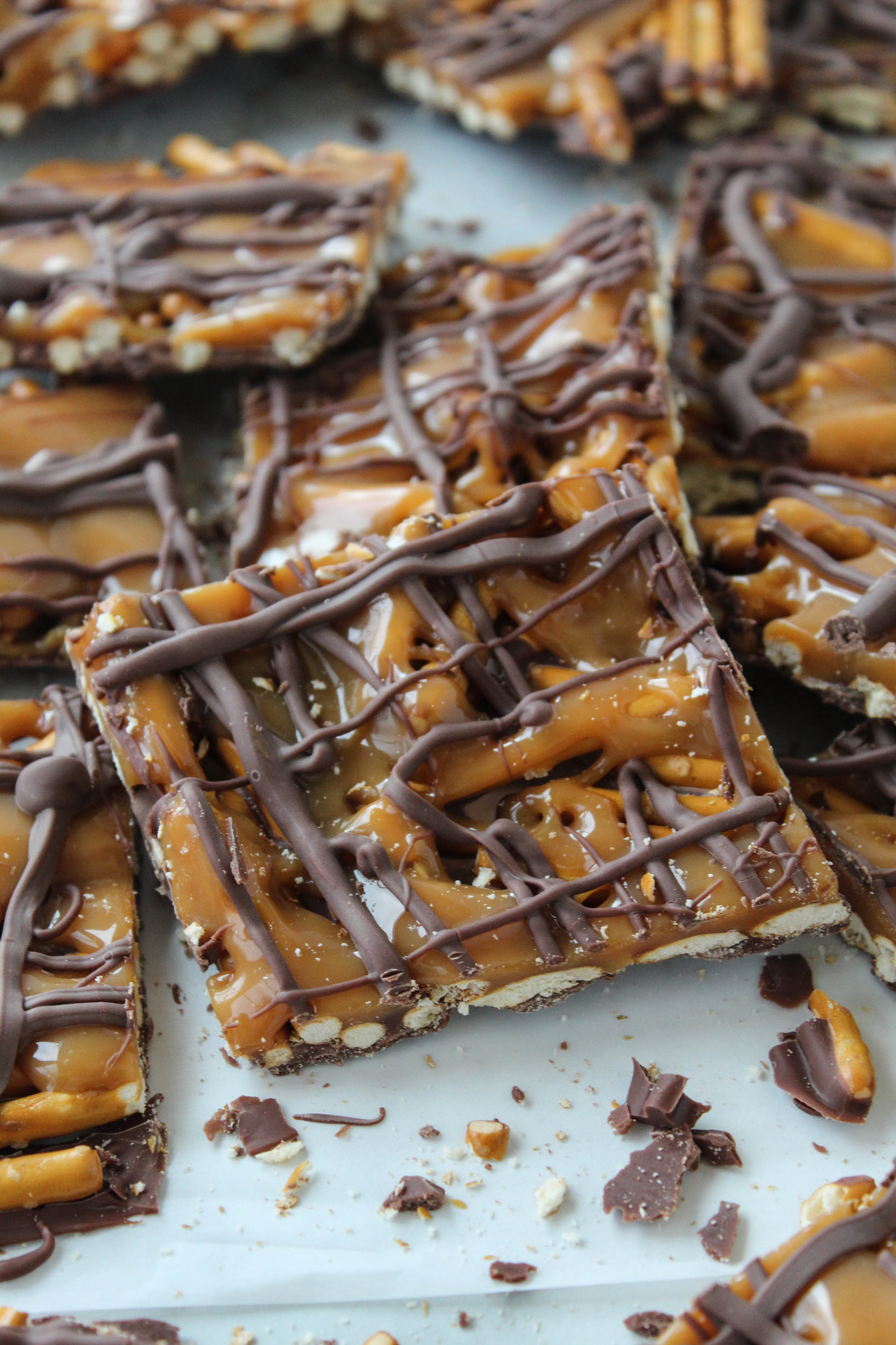 homemade chocolate pretzel bark topped with gooey caramel and crushed pretzels