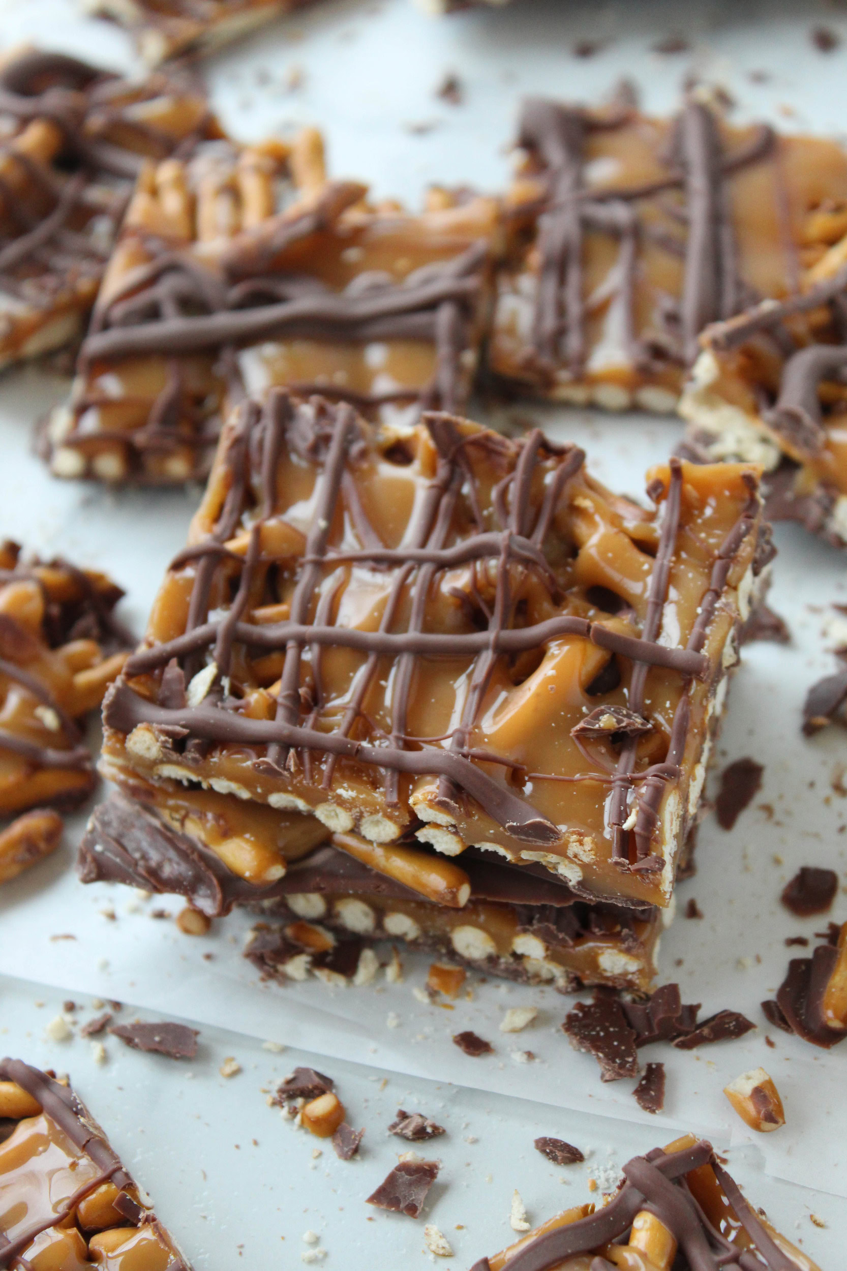 close-up of crunchy pretzel bark with caramel