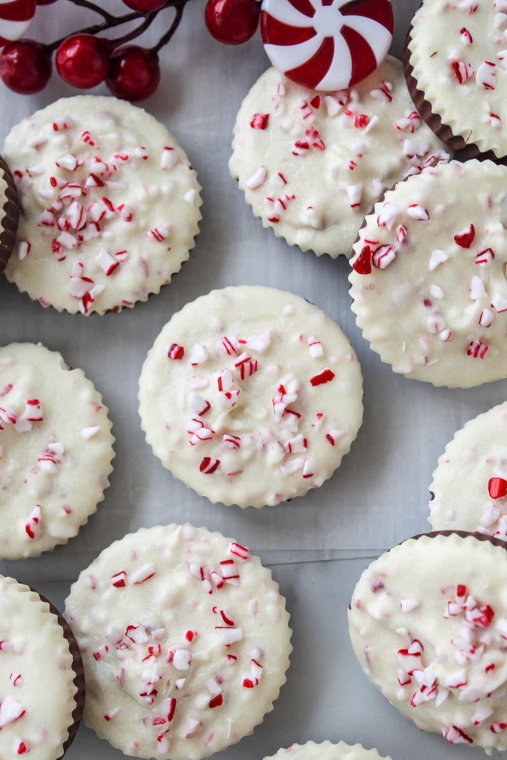 No-bake peppermint bark cups perfect for Christmas dessert trays