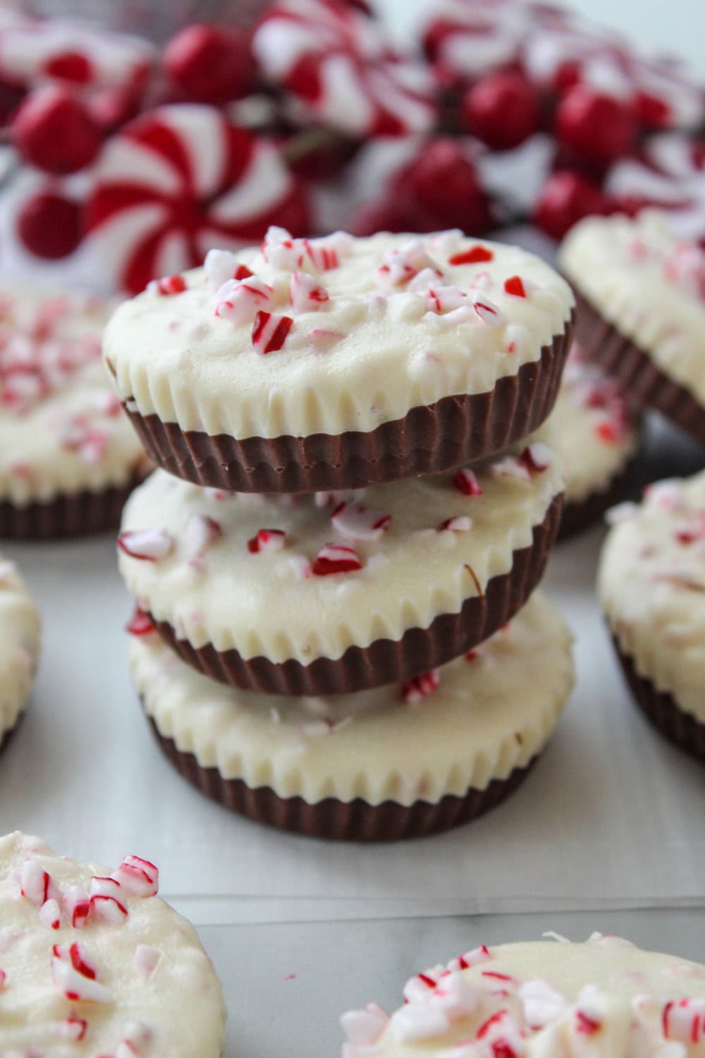 Chocolate peppermint bark cups with a crunchy candy cane topping