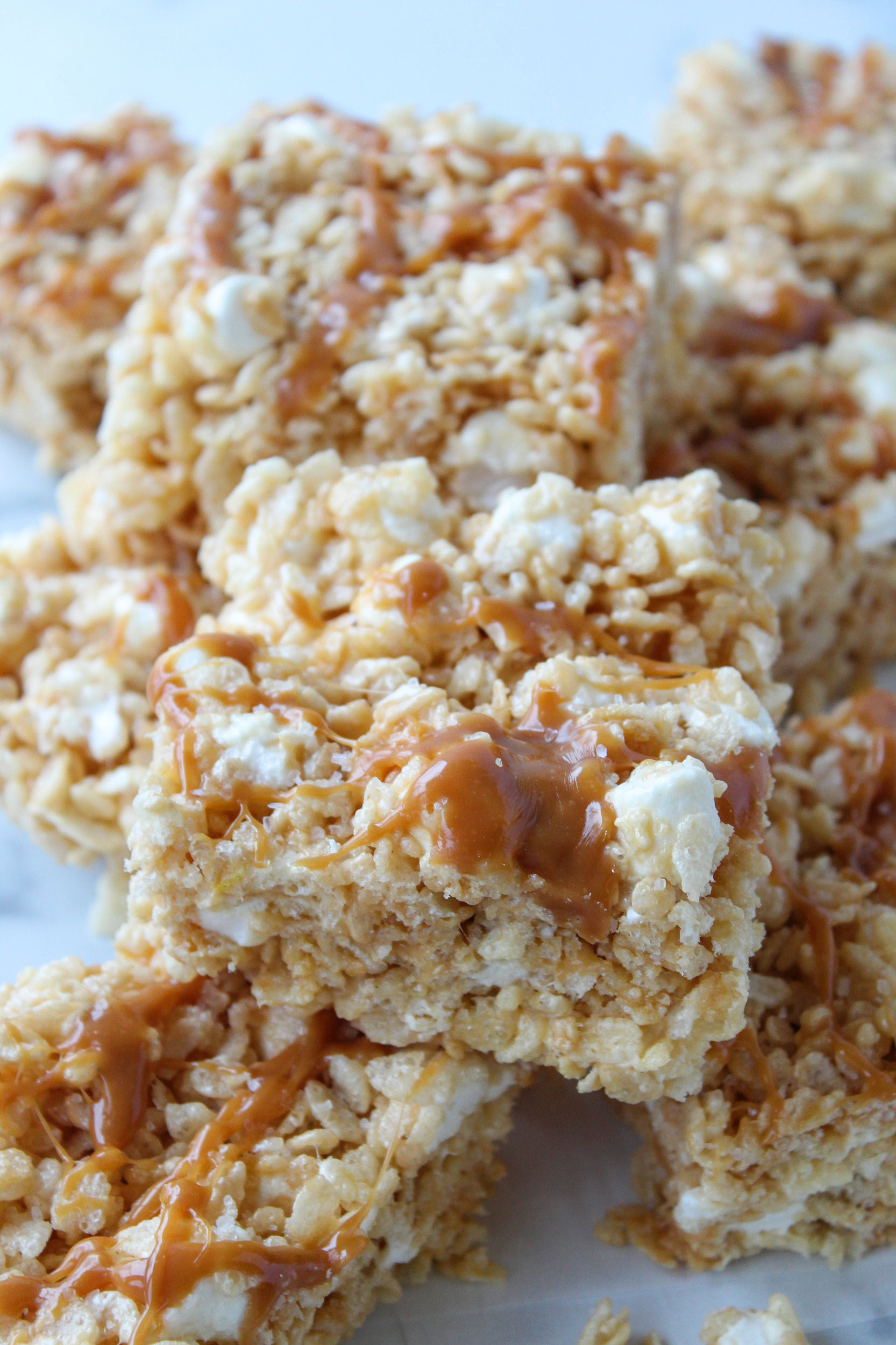 Stacked caramel rice krispie treats