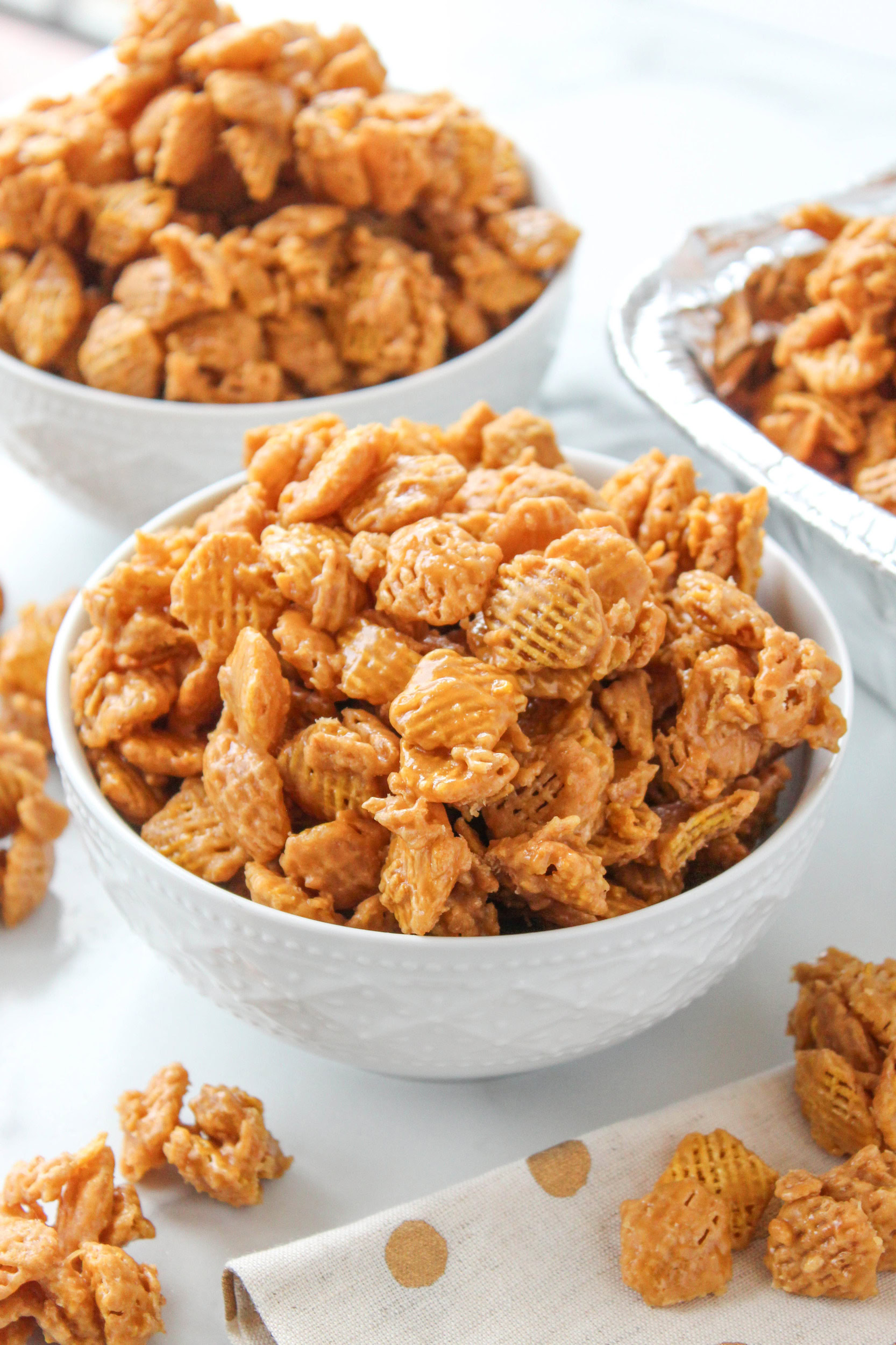 Best caramel Crispix recipe with crispy cereal coated in buttery homemade caramel