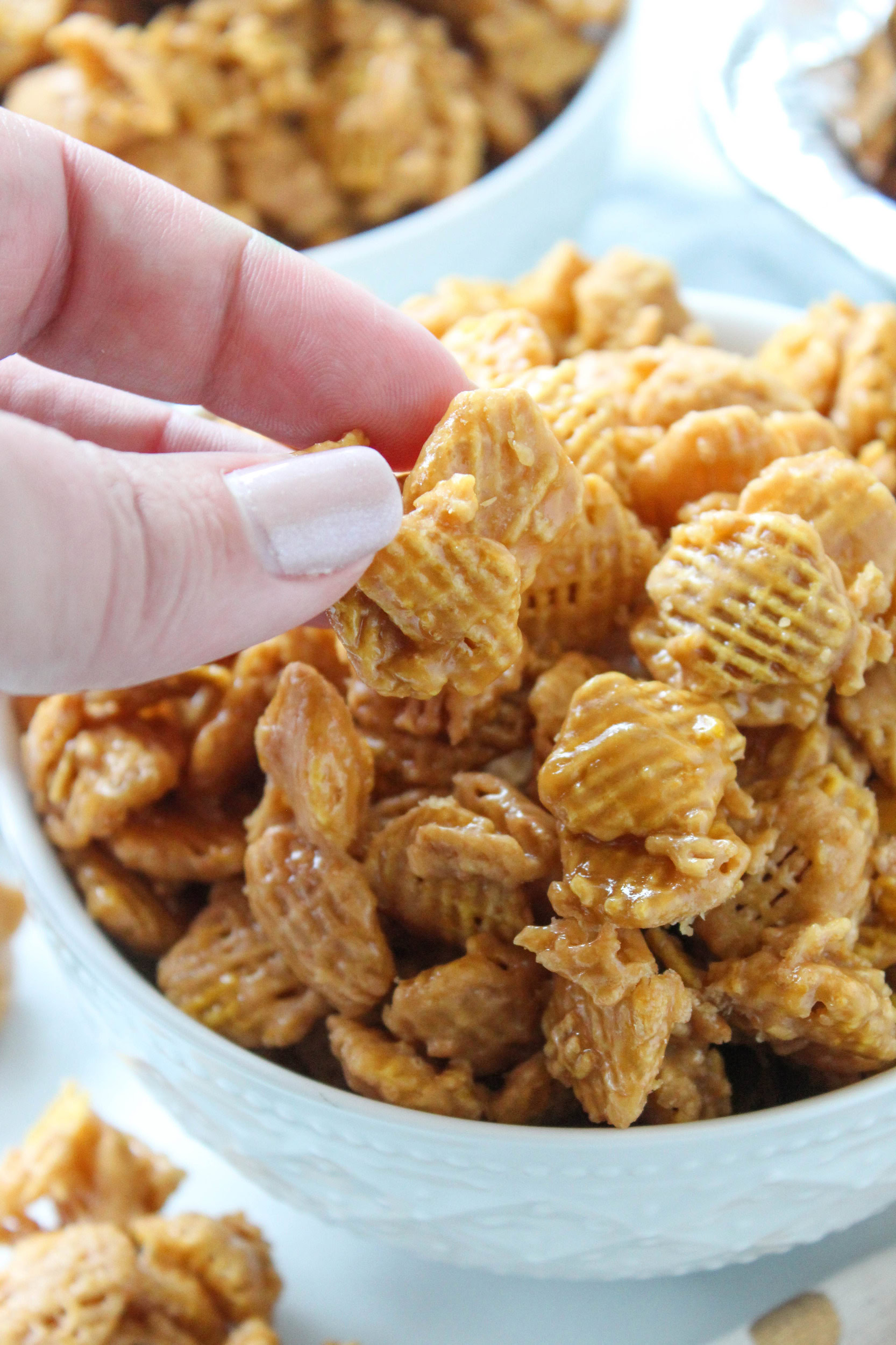 Golden caramel Crispix snack mix ready to serve
