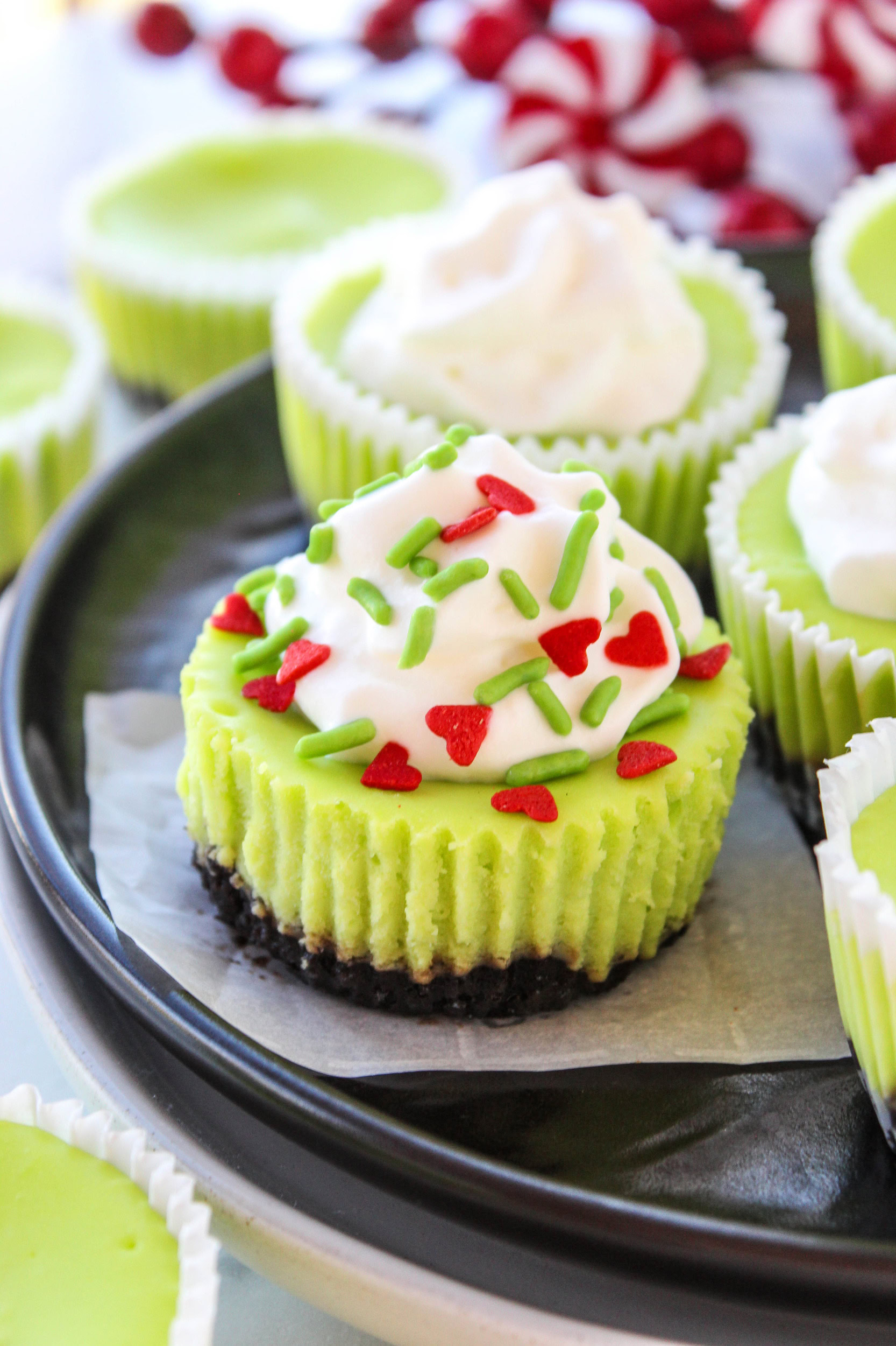 Mini cheesecake batter dyed green for Grinch dessert recipe