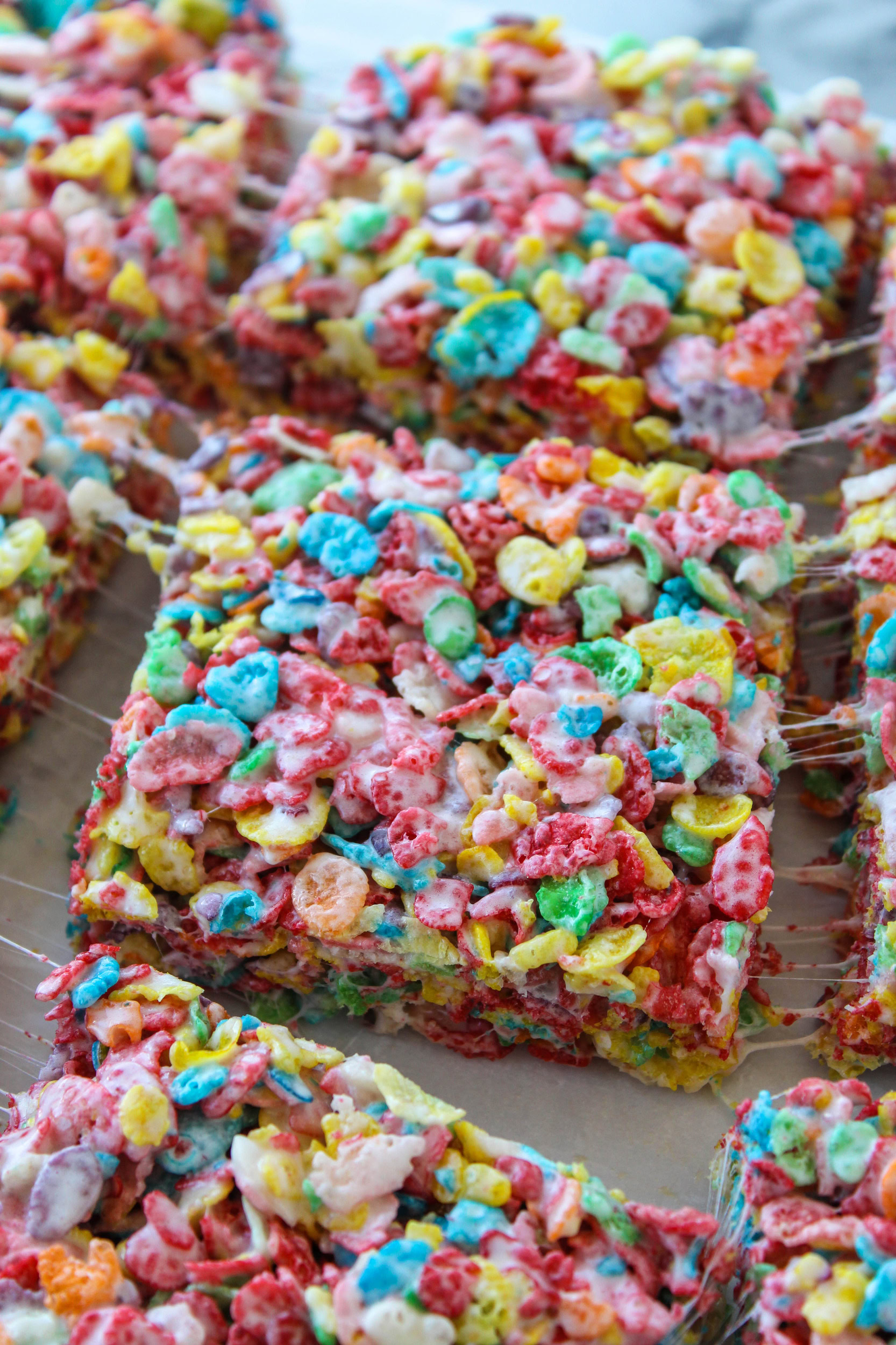 Fruity Pebbles treats cut into squares