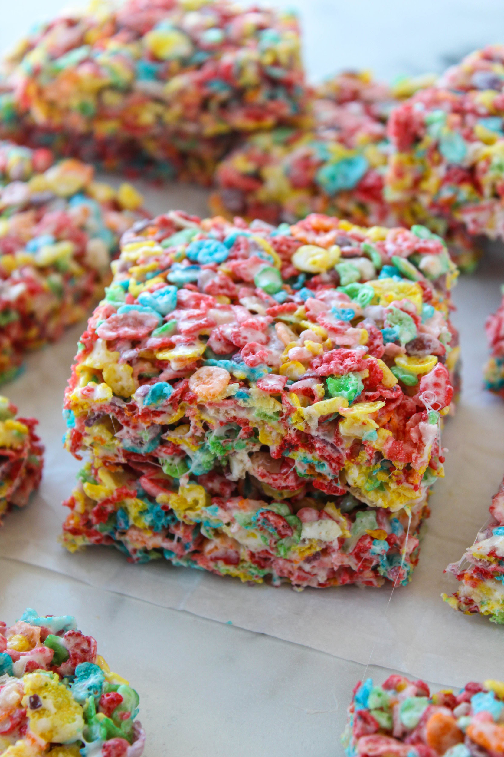 Colorful Fruity Pebbles marshmallow treats