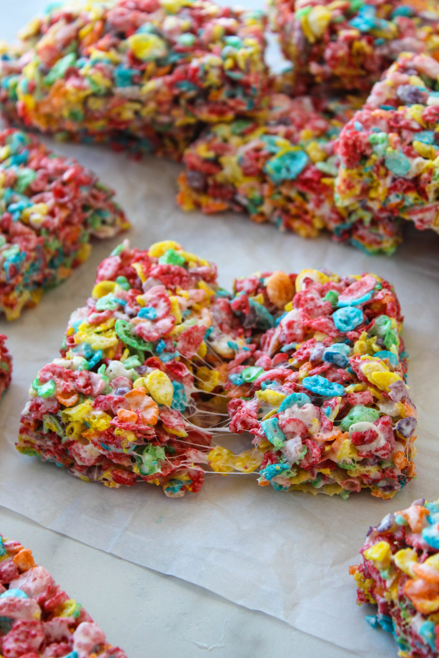 Fruity Pebbles treats showing marshmallow texture