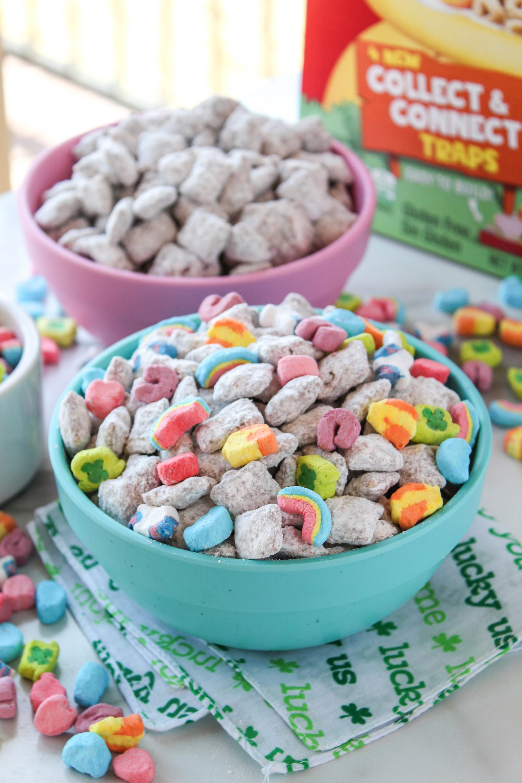 Sweet cereal snack mix with chocolate coating and Lucky Charms marshmallows