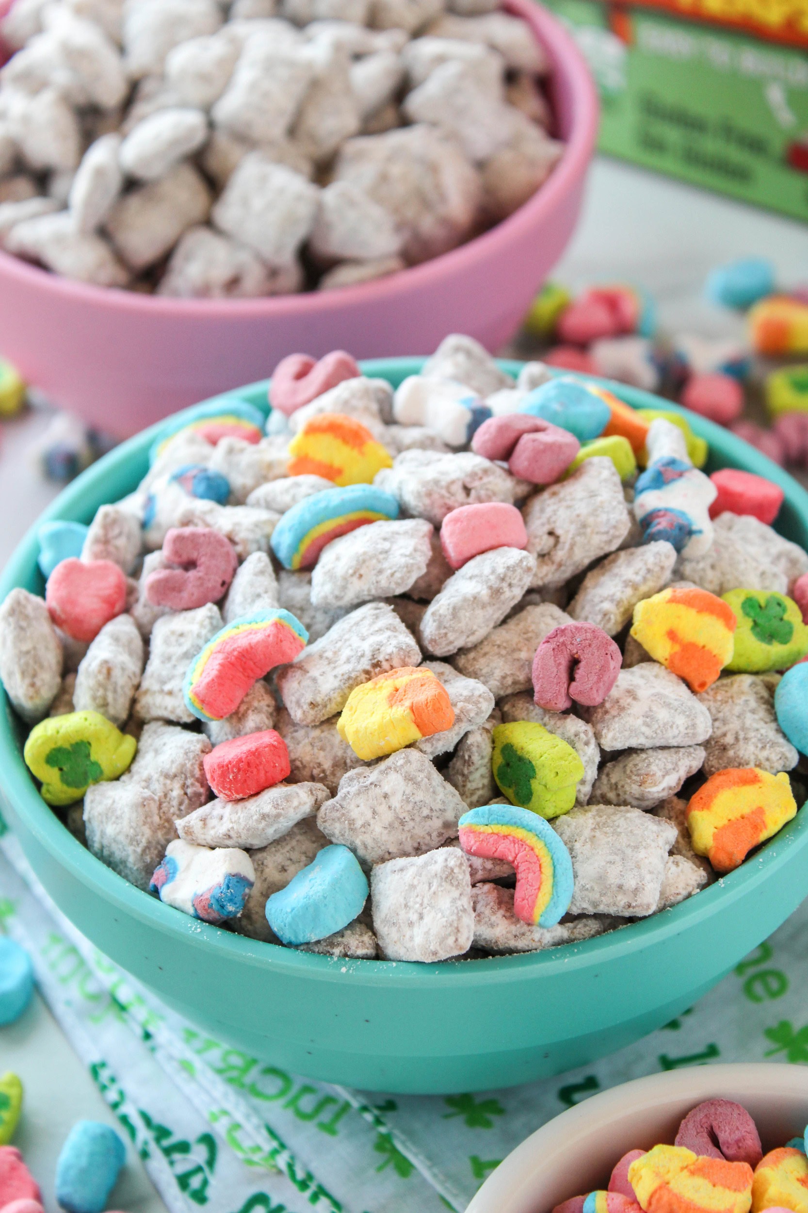 Puppy chow made with cereal, chocolate coating, and powdered sugar
