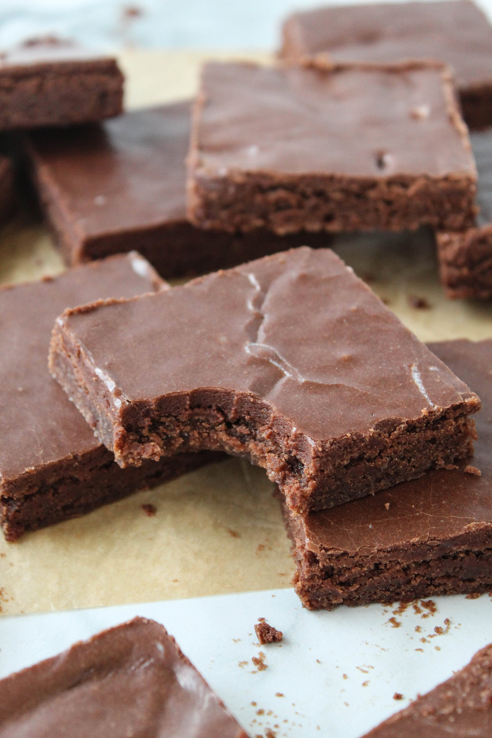 Close‑up of frosted sheet pan brownies showing tender texture and chocolate icing