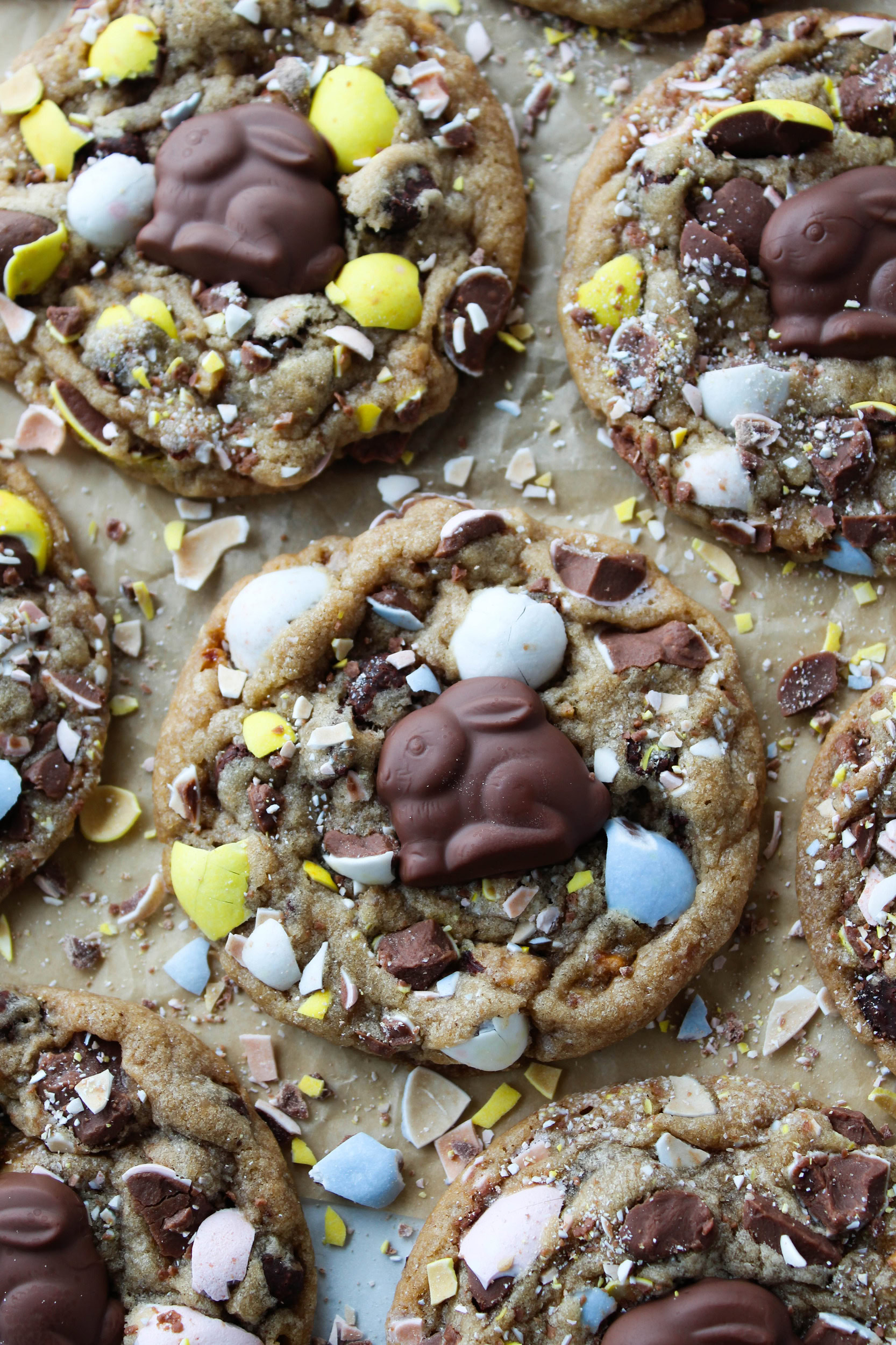 Semi‑homemade Cadbury egg cookies made with store‑bought dough and crushed Cadbury Mini Eggs.