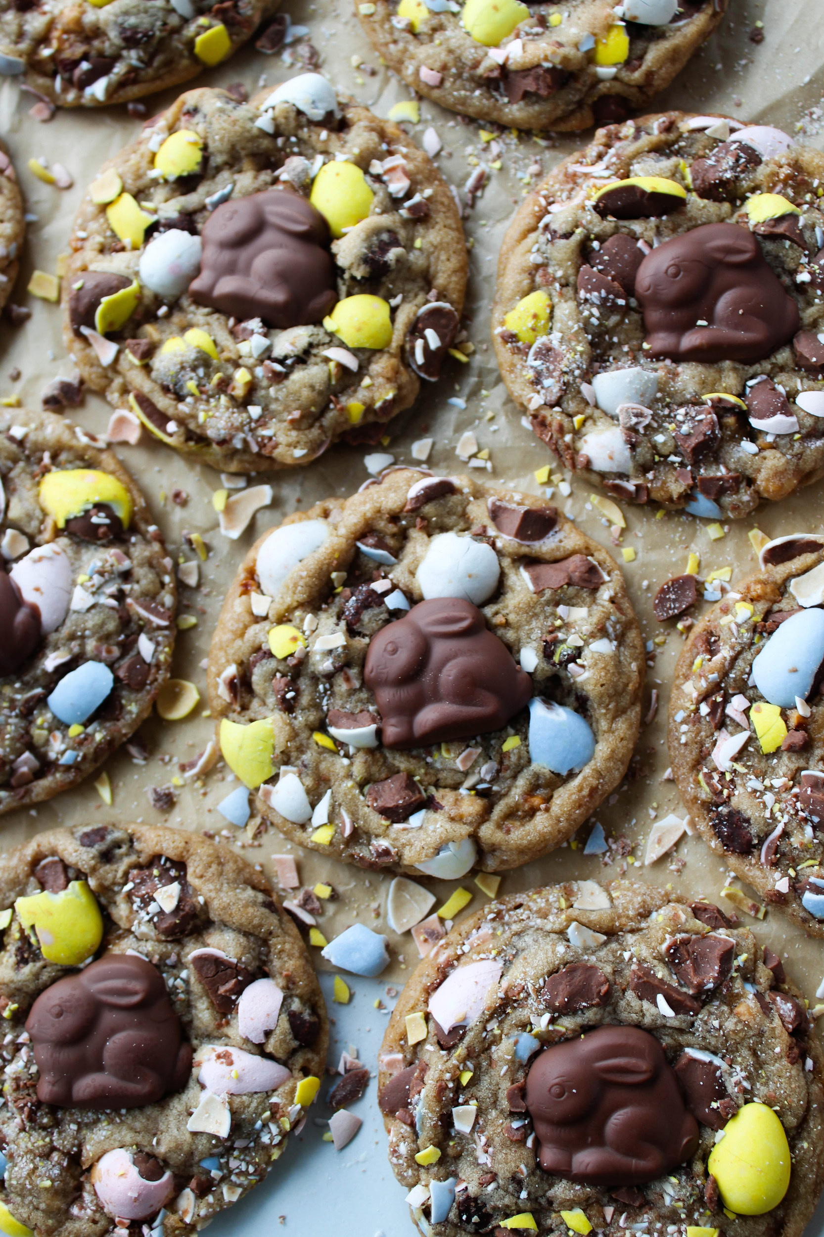Semi‑homemade Easter cookies decorated with Cadbury Mini Eggs and bunny chocolates.