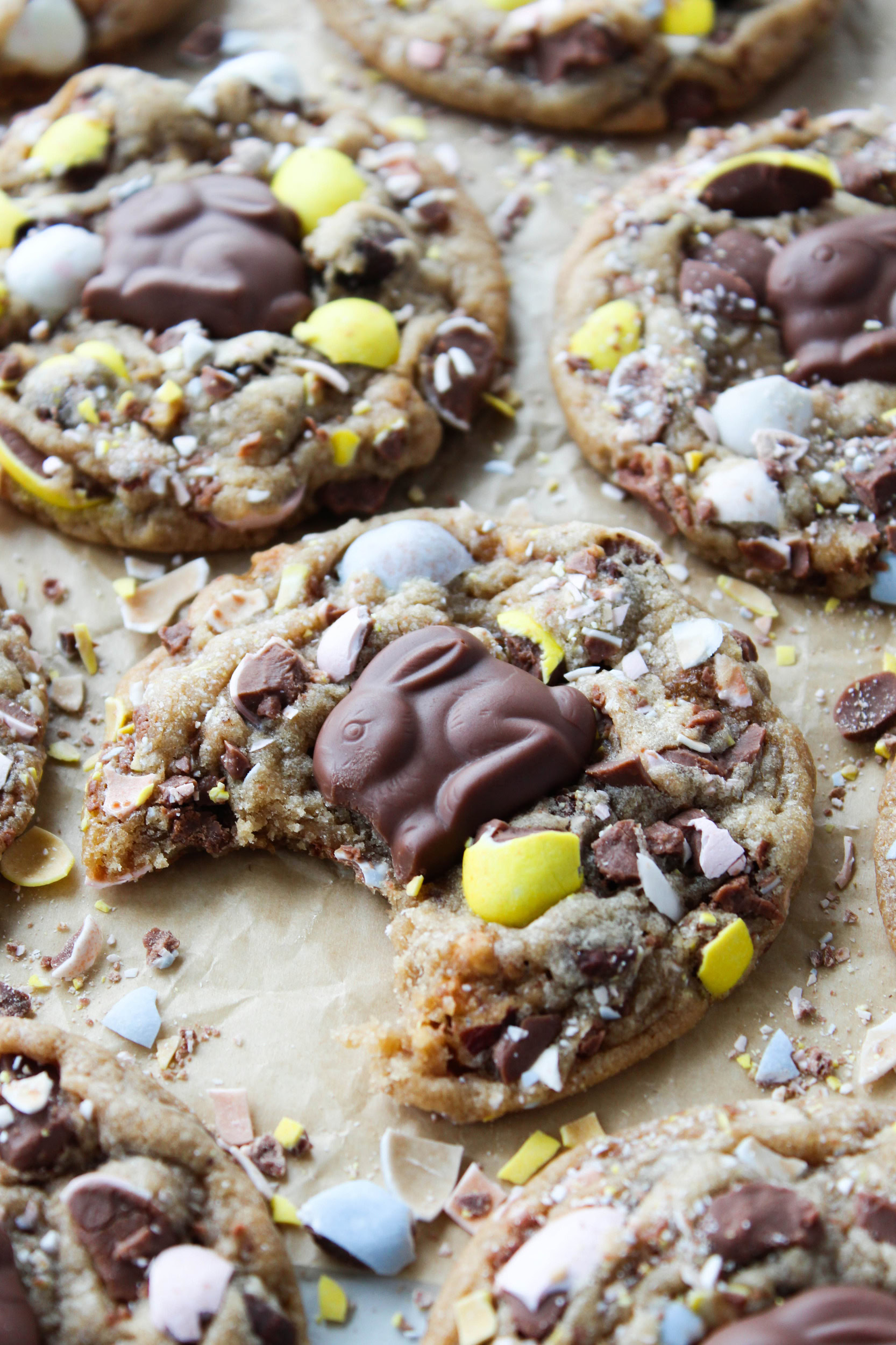 Chocolate chip cookies topped with crushed Cadbury Mini Eggs for an easy semi‑homemade Easter treat.