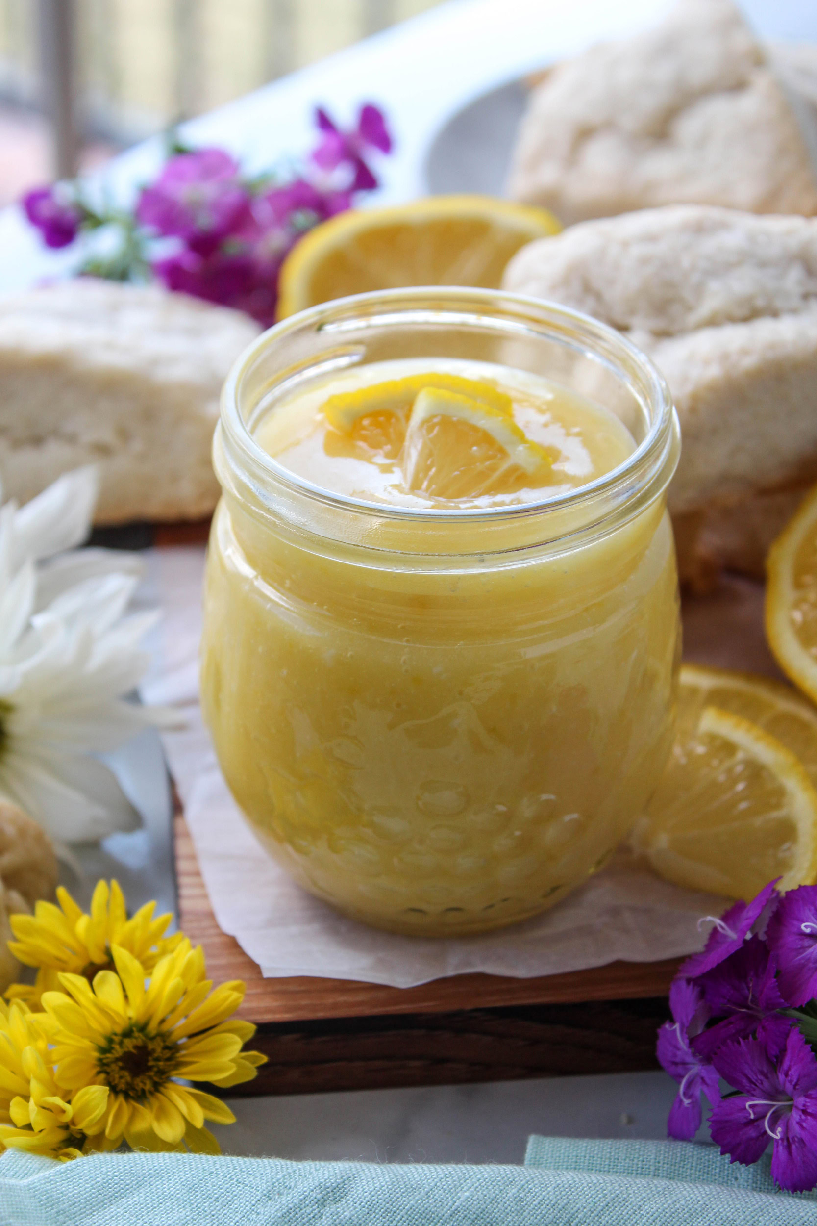 Smooth, creamy lemon curd in a glass jar