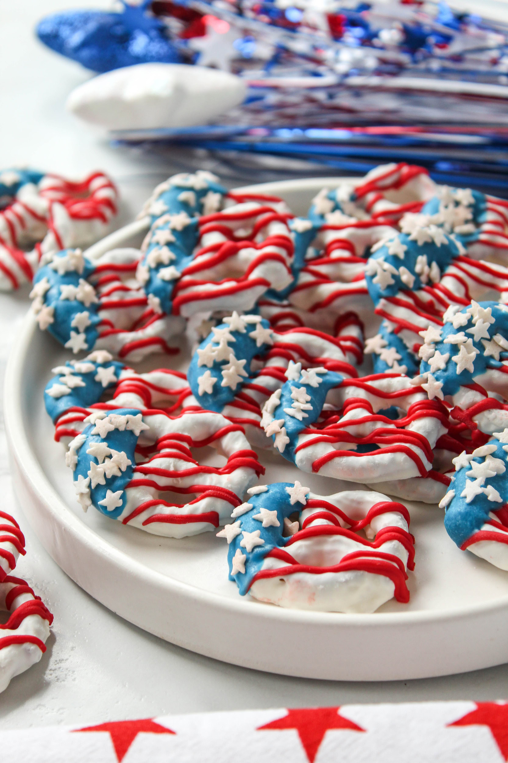 red white and blue pretzels decorated to look like an American flag for a 4th of July party