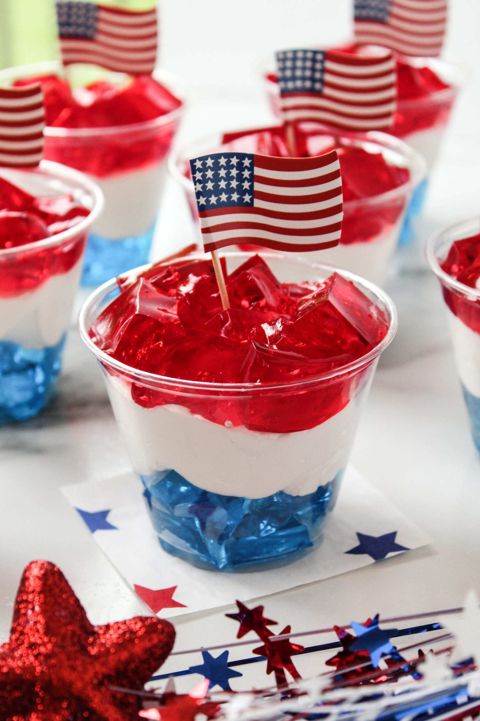 Red, white, and blue layered Jell‑O cups