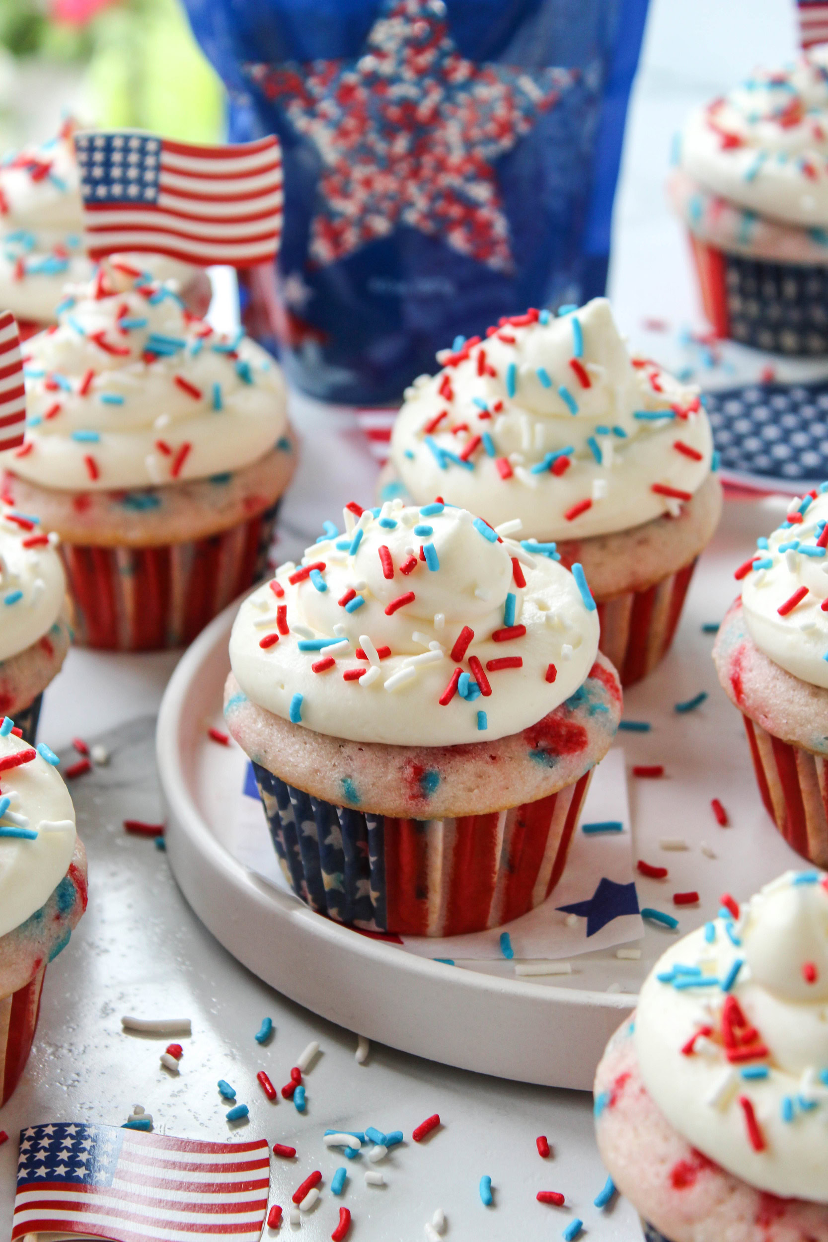Patriotic funfetti cupcakes topped with festive sprinkles