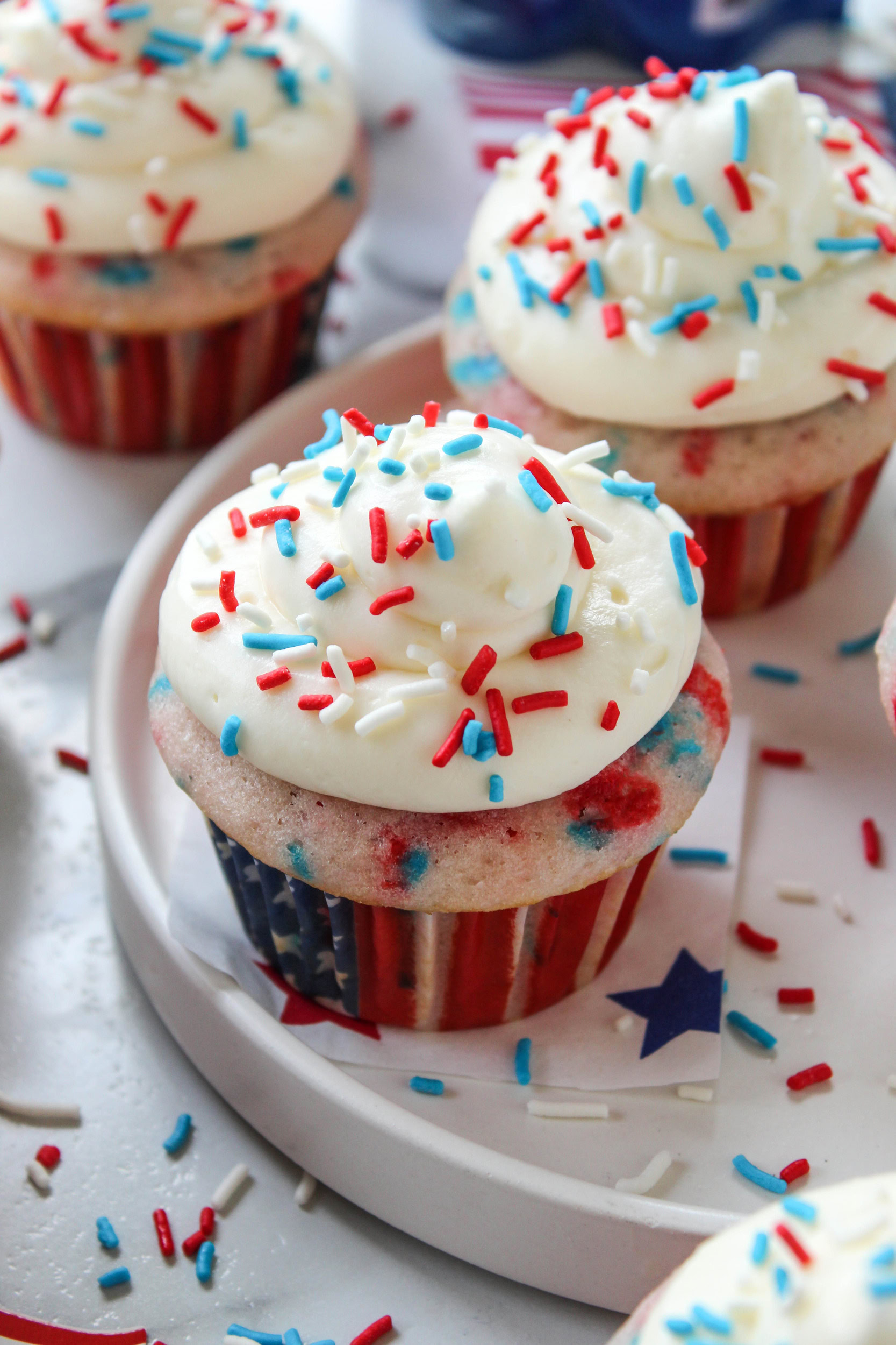 Colorful funfetti cupcakes decorated for Independence Day