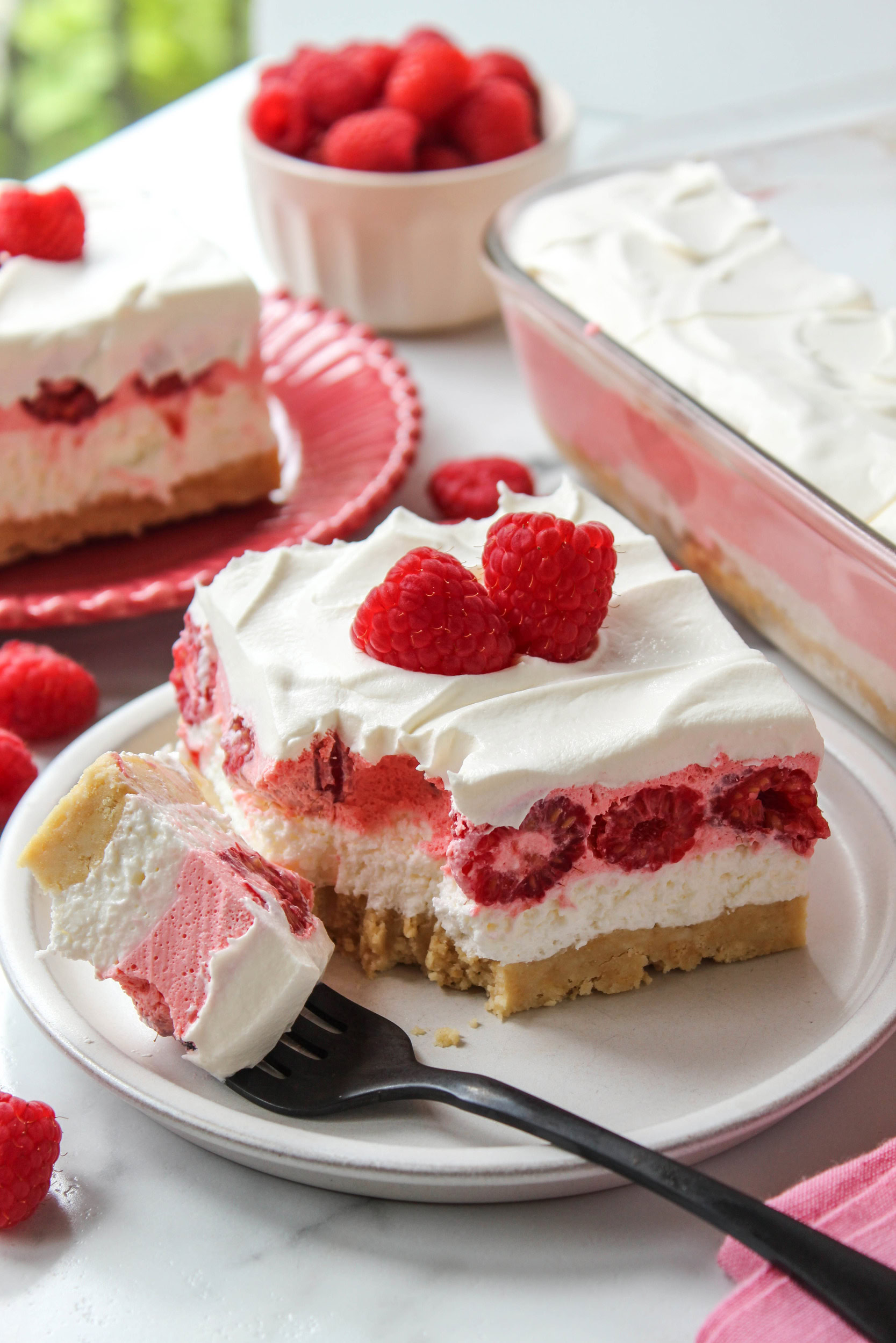 No-bake raspberry lasagna recipe with sweet raspberry and cream layers