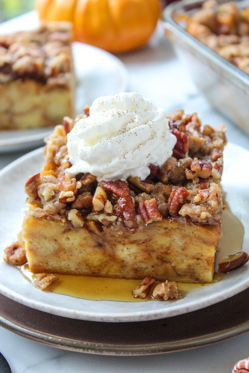 Pumpkin French toast casserole baked until golden brown and ready to serve