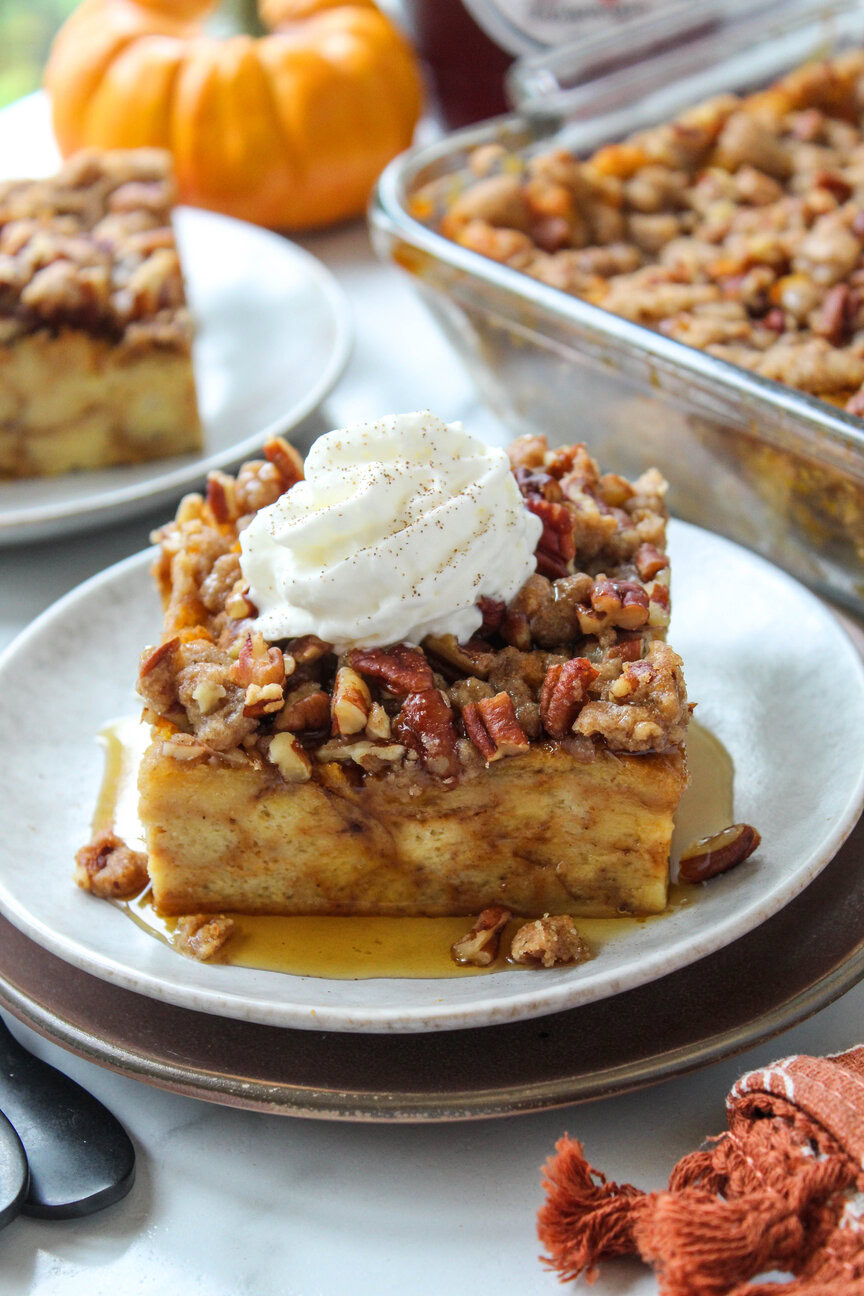 Easy pumpkin French toast casserole perfect for fall breakfasts and brunches