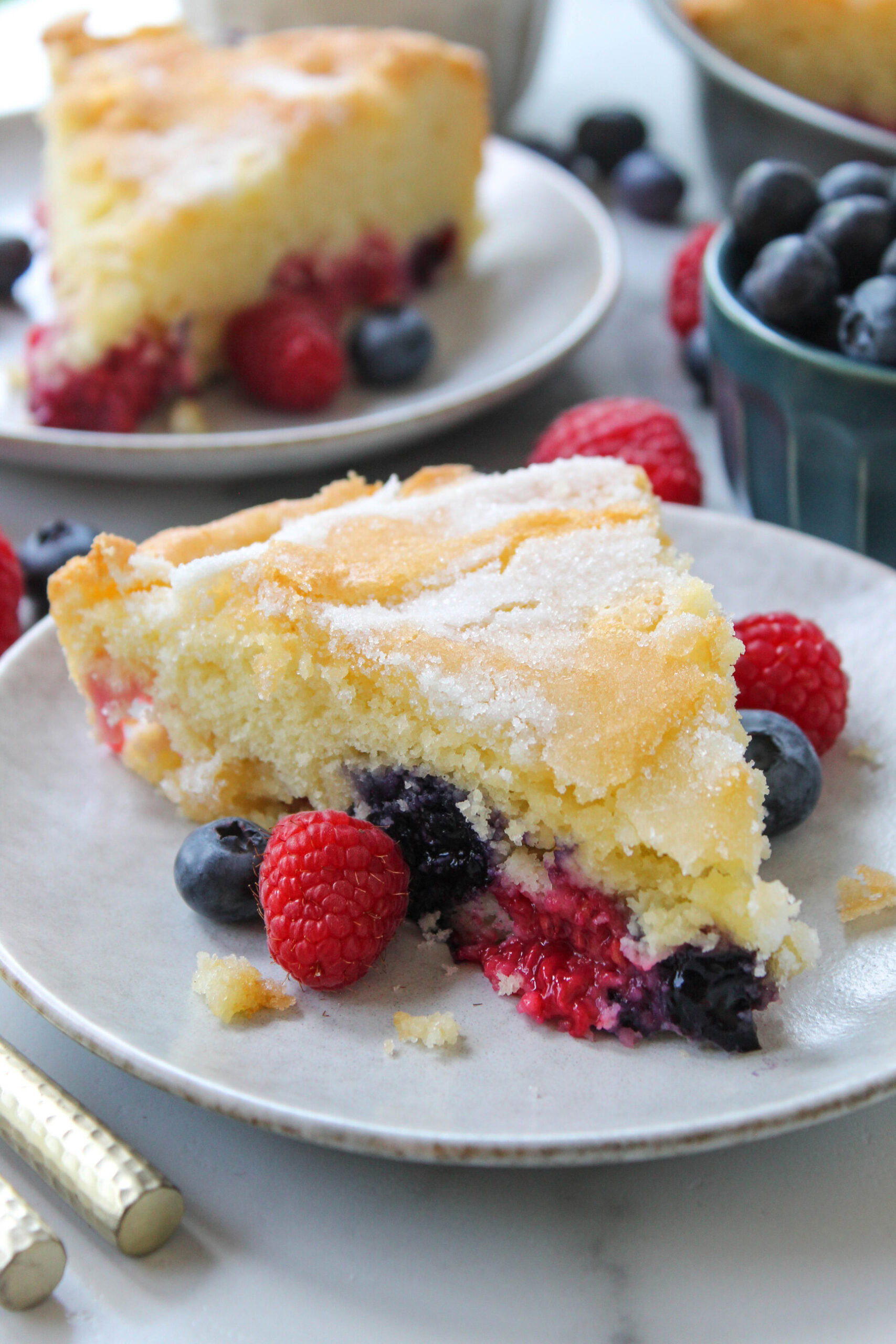 detailed view of berry filled vanilla cake interior