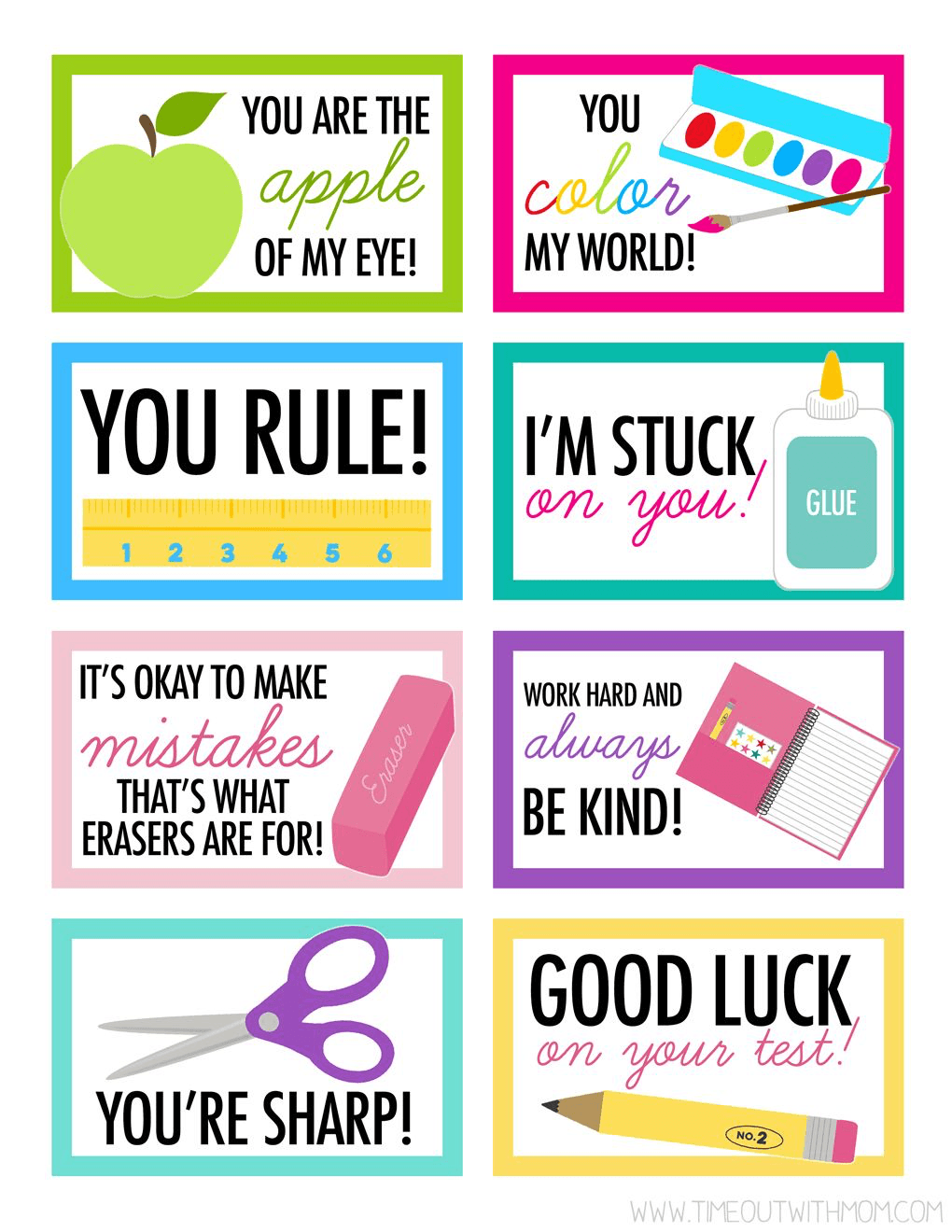 Back-to-school lunchbox notes with positive affirmations and colorful graphics